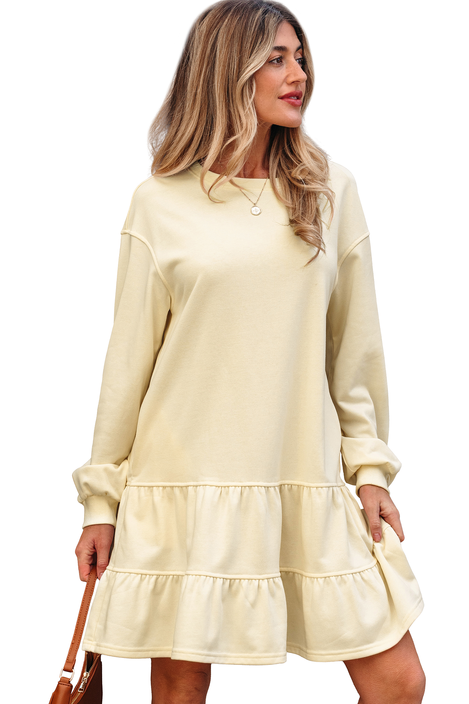 Beige Double Tiered Ruffle Hem Long Sleeve Loose Mini Dress - loveforevers