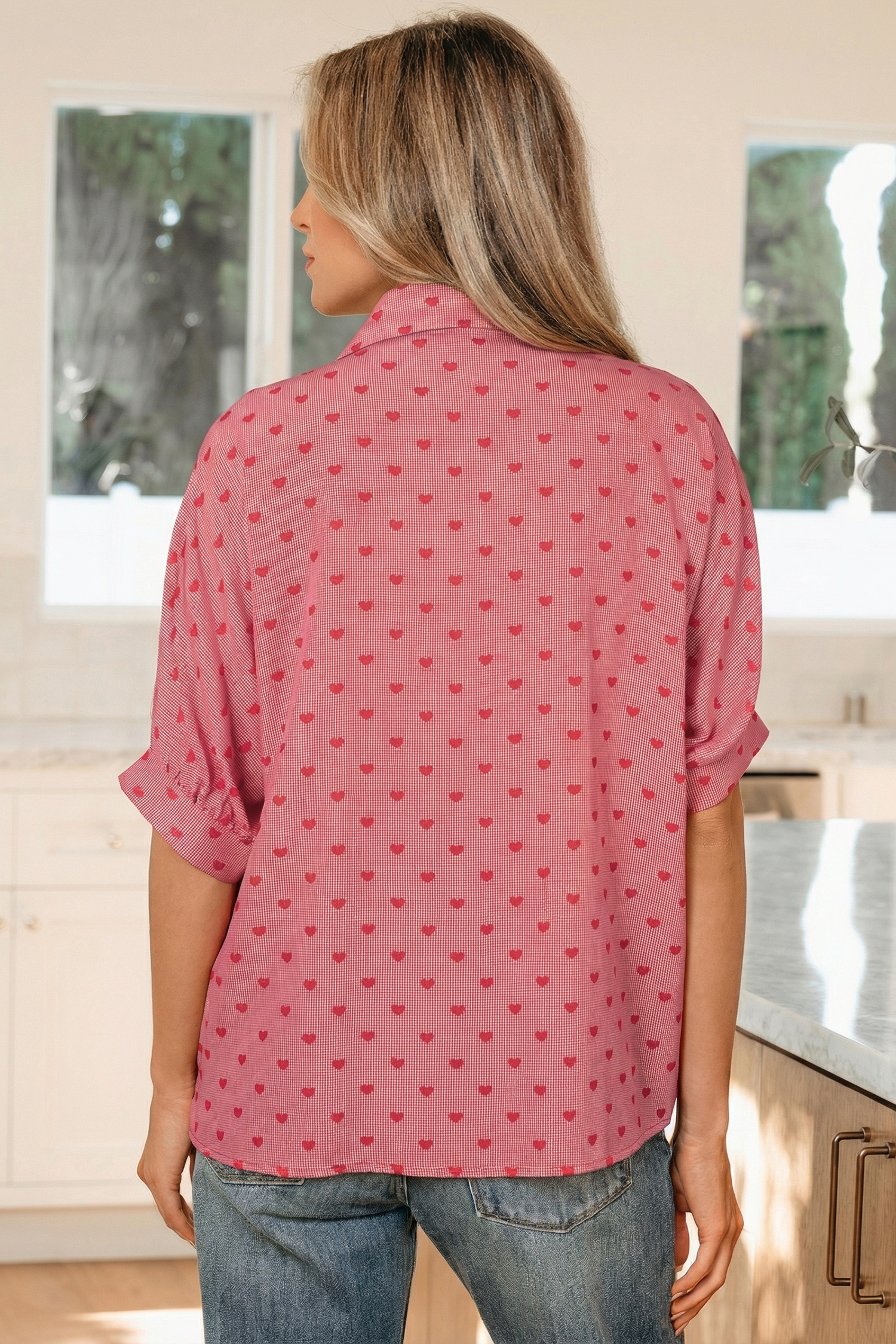 Red Heart Shape Print Half Sleeve Loose Valentine Shirt - loveforevers