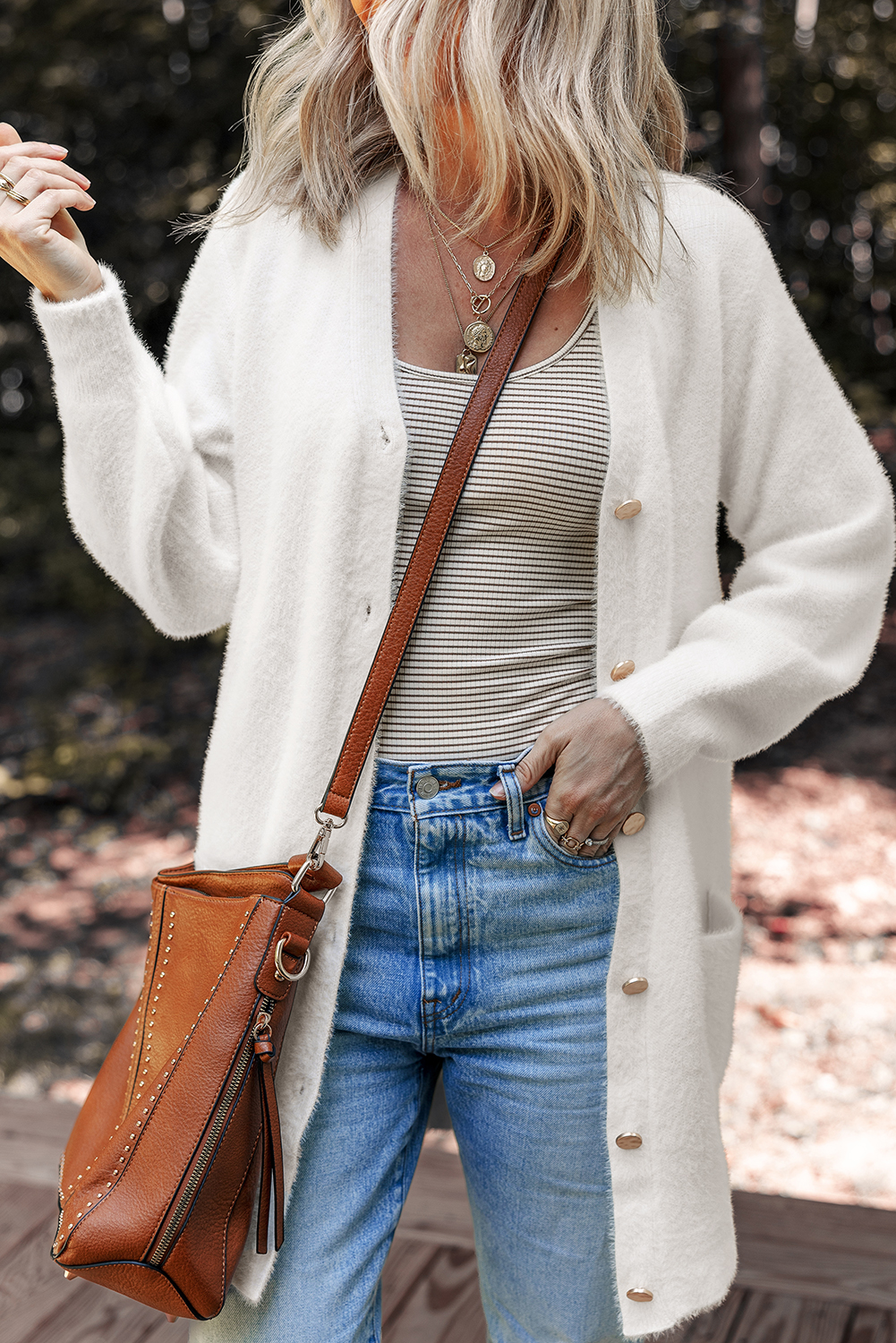 White Fuzzy Buttoned Front Midi Solid Cardigan - loveforevers