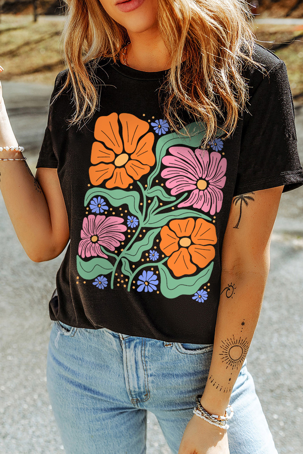 Black Colorful Flower Graphic Crewneck Summer Tee - loveforevers