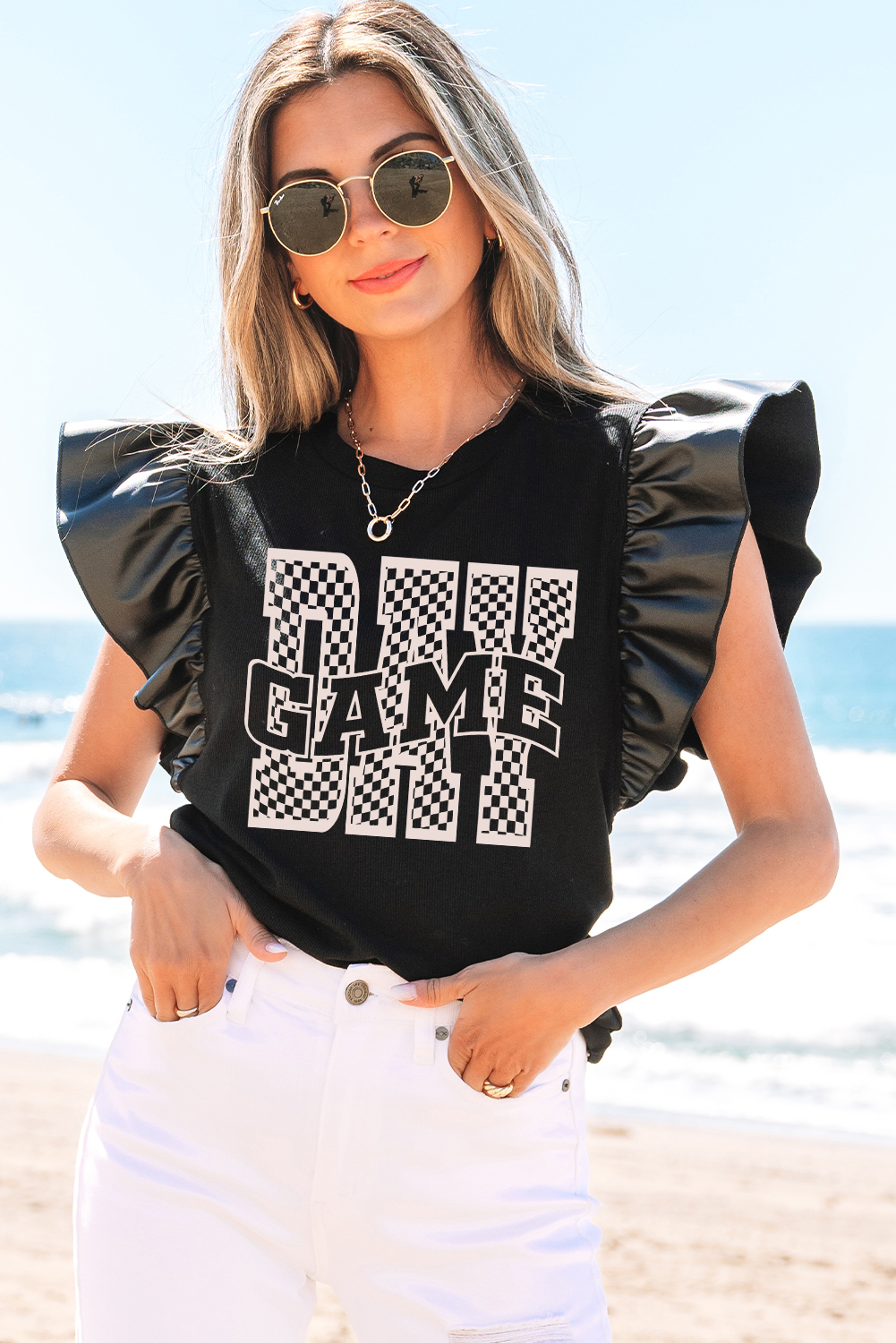 Black GAME DAY Checkered Letter Graphic Leatherette Ruffle Sleeve Top - loveforevers