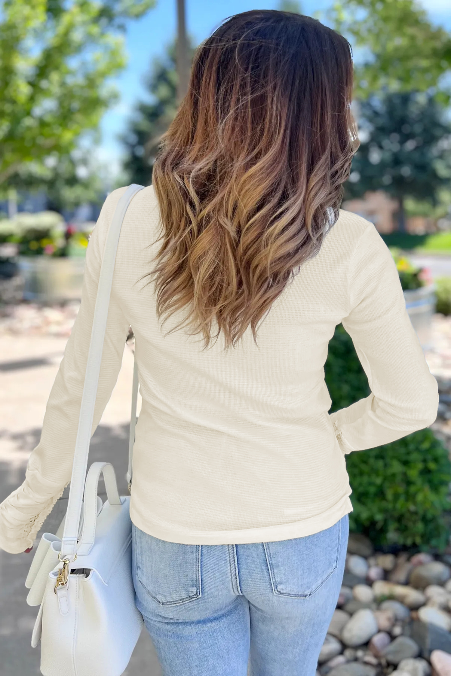 Beige Thermal Knit Lace Ruched Patchwork Long Sleeve V Neck Top - loveforevers