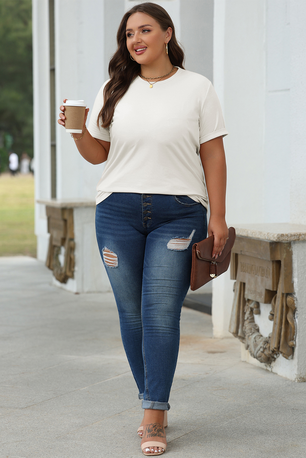 Khaki Casual Plain Crew Neck Tee - loveforevers