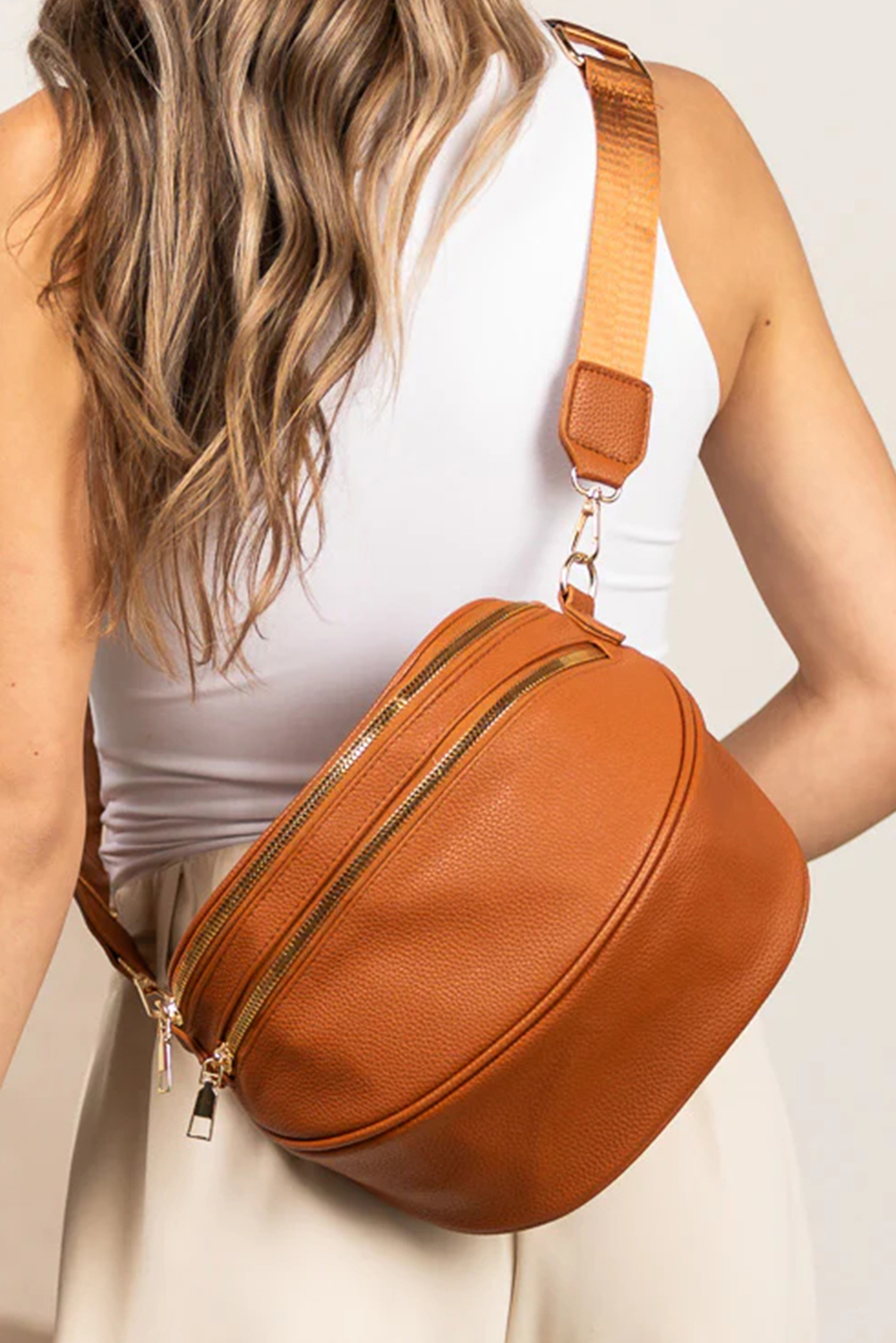 Cinnamon Double Zip Faux Leather Crossbody Bag - loveforevers