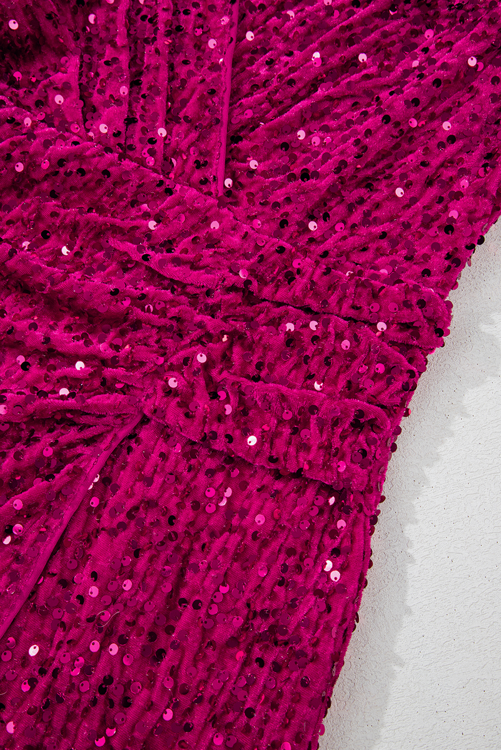 Pitaya Pink Velvet Sequin Long Sleeve V Neck Wrapped Mini Dress - loveforevers