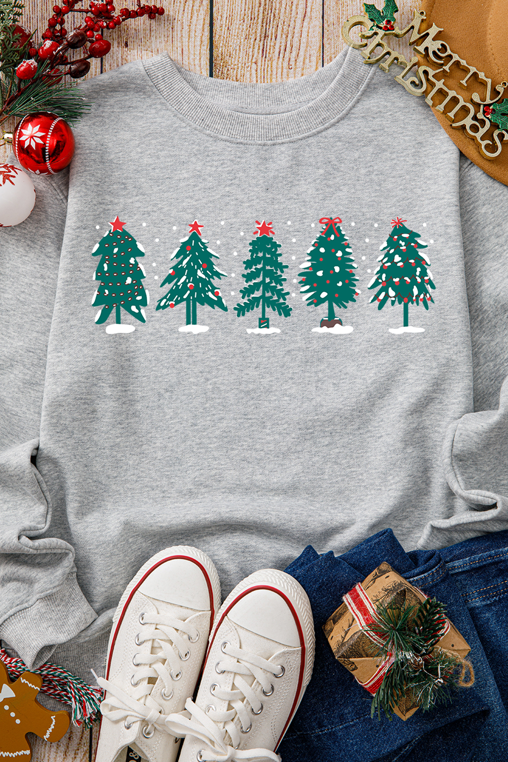 Gray 2-side Printed Christmas Tree Letter Graphic Sweatshirt - loveforevers