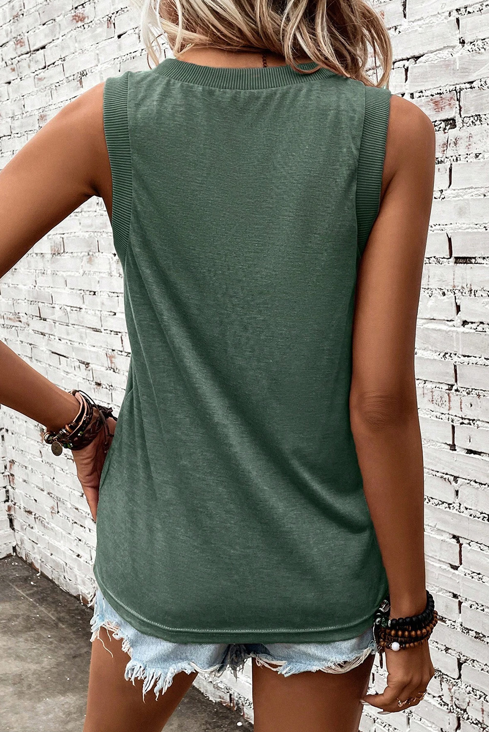Mist Green Frayed American Flag Printed V Neck Tank Top - loveforevers