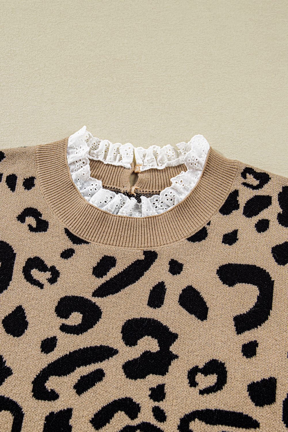 Dearlovers Brown Leopard Pattern Lace Ribbed Detail Button Cuffed Sweater - loveforevers