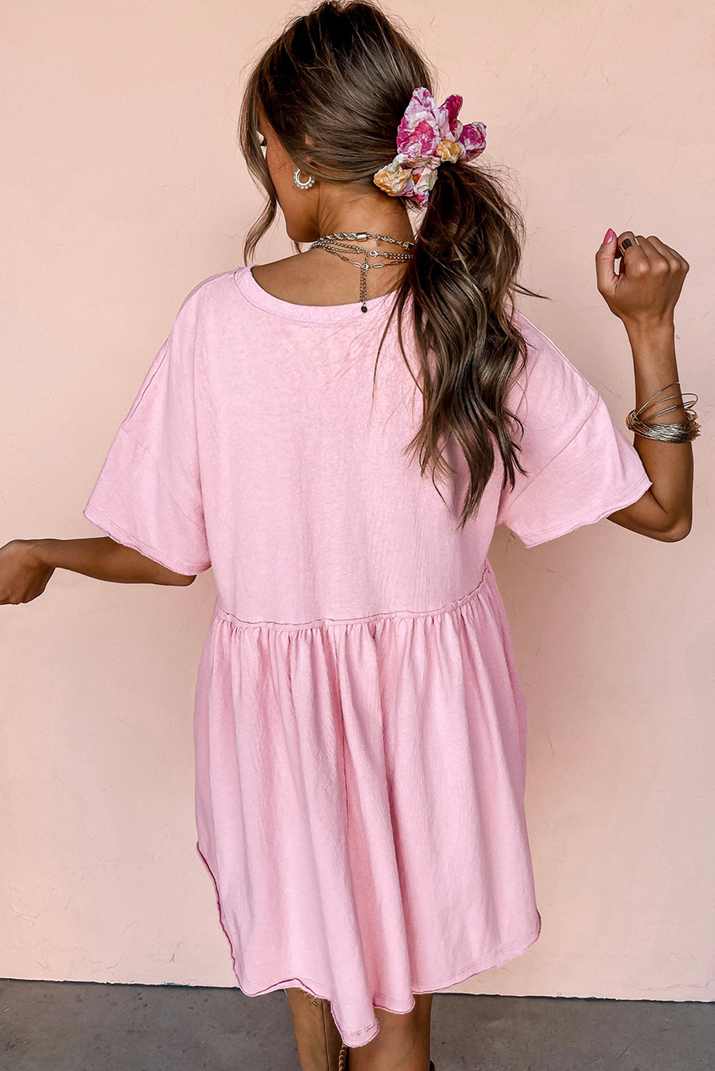 Light Pink Sequined Note Pattern Raw Edge Music Festival Babydoll T-shirt Dress - loveforevers