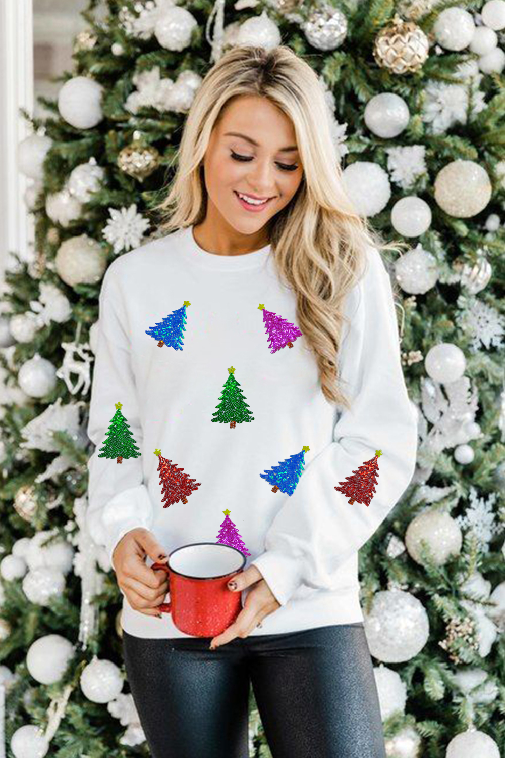 White Shiny Christmas Tree Patched Patterned Festive Sweatshirt - loveforevers