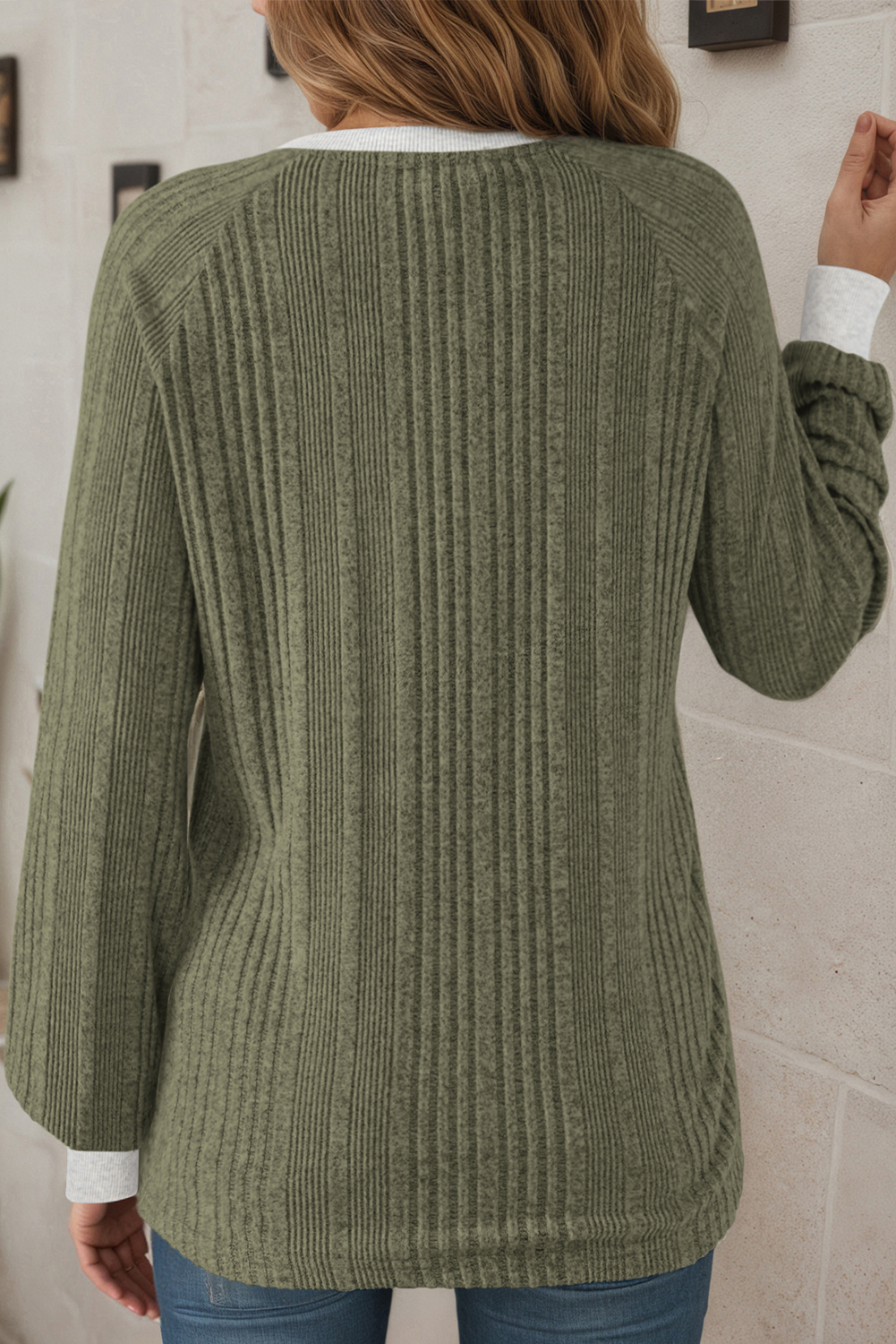 Moss Green Ribbed Contrast Cuffed Round Neck Long Sleeve T Shirt - loveforevers