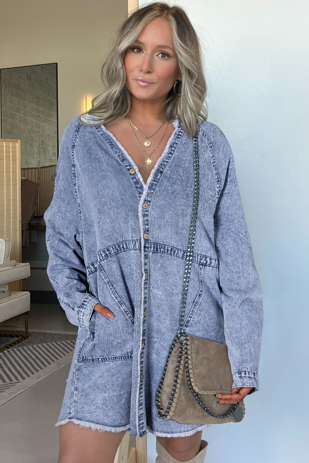 Beau Blue Mineral Wash Long Sleeve Button Up Raw Hem Pocketed Denim Dress - loveforevers