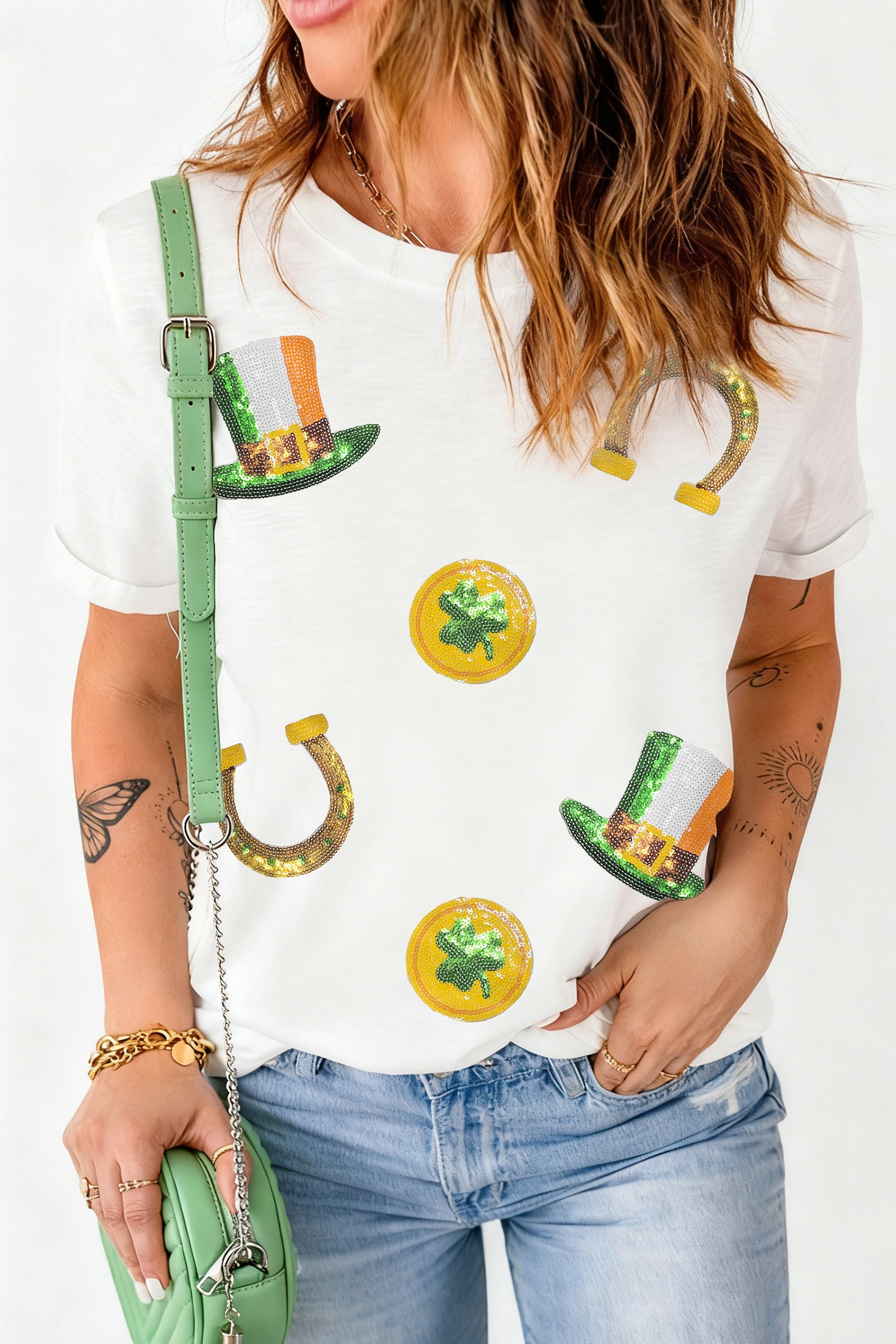 White St Patricks Day Sequin Graphic Casual T Shirt - loveforevers