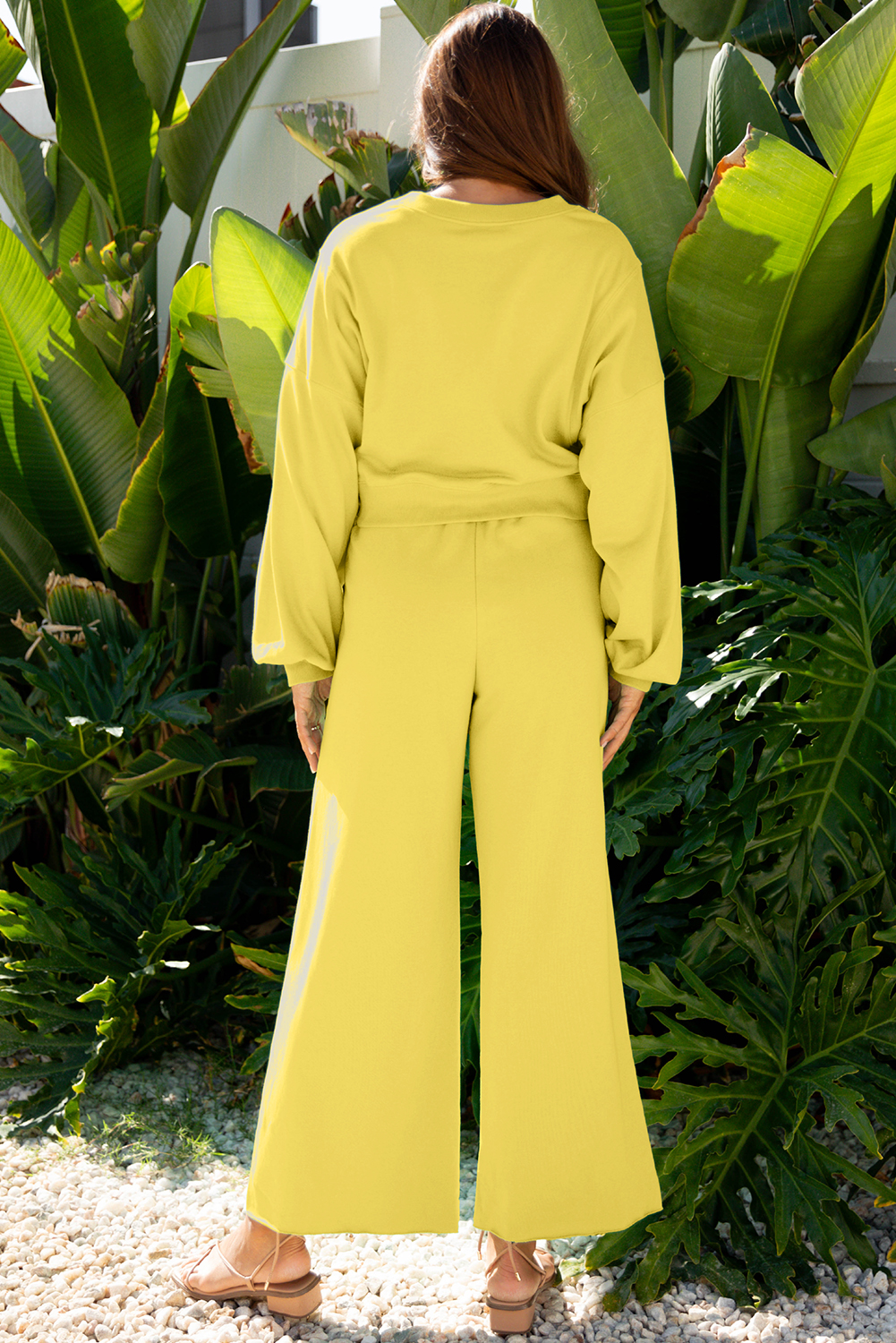 Bright Green Drop Shoulder Puff Sleeve Crop Pullover Drawstring Wide Leg Pants Set - loveforevers