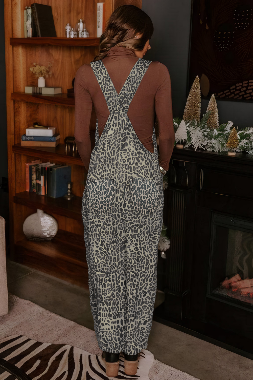 Brown  Leopard Print Straight Leg Loose Denim Overall Jumpsuit - loveforevers