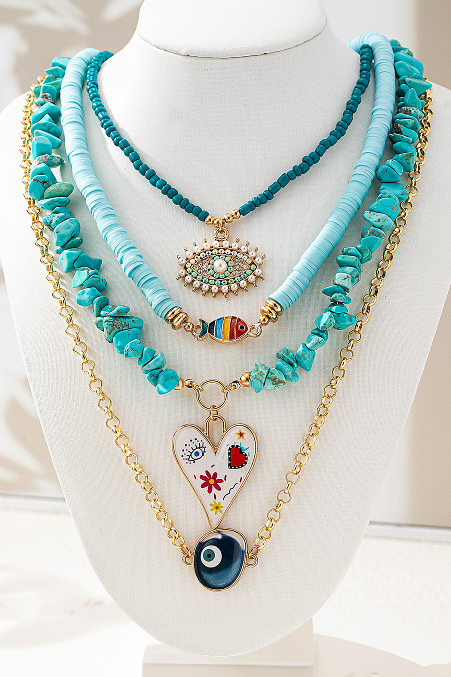 Turquoise 4 Pieces Stackable Boho Necklace Set - loveforevers