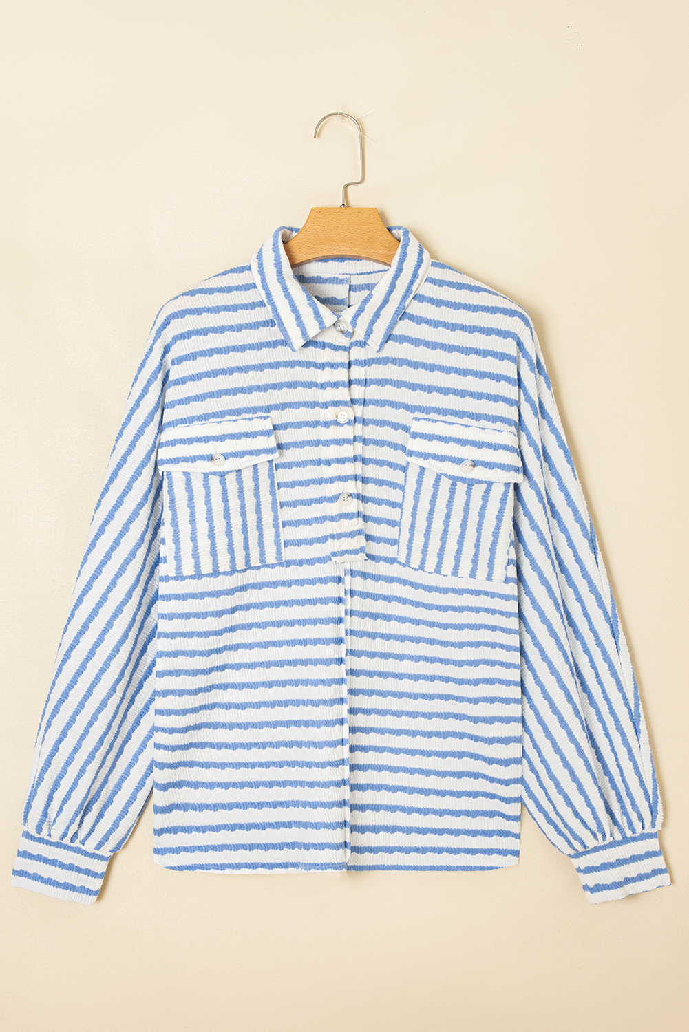 Sky Blue Stripe Half Button Collared Chest Pockets Loose Fit Blouse - loveforevers