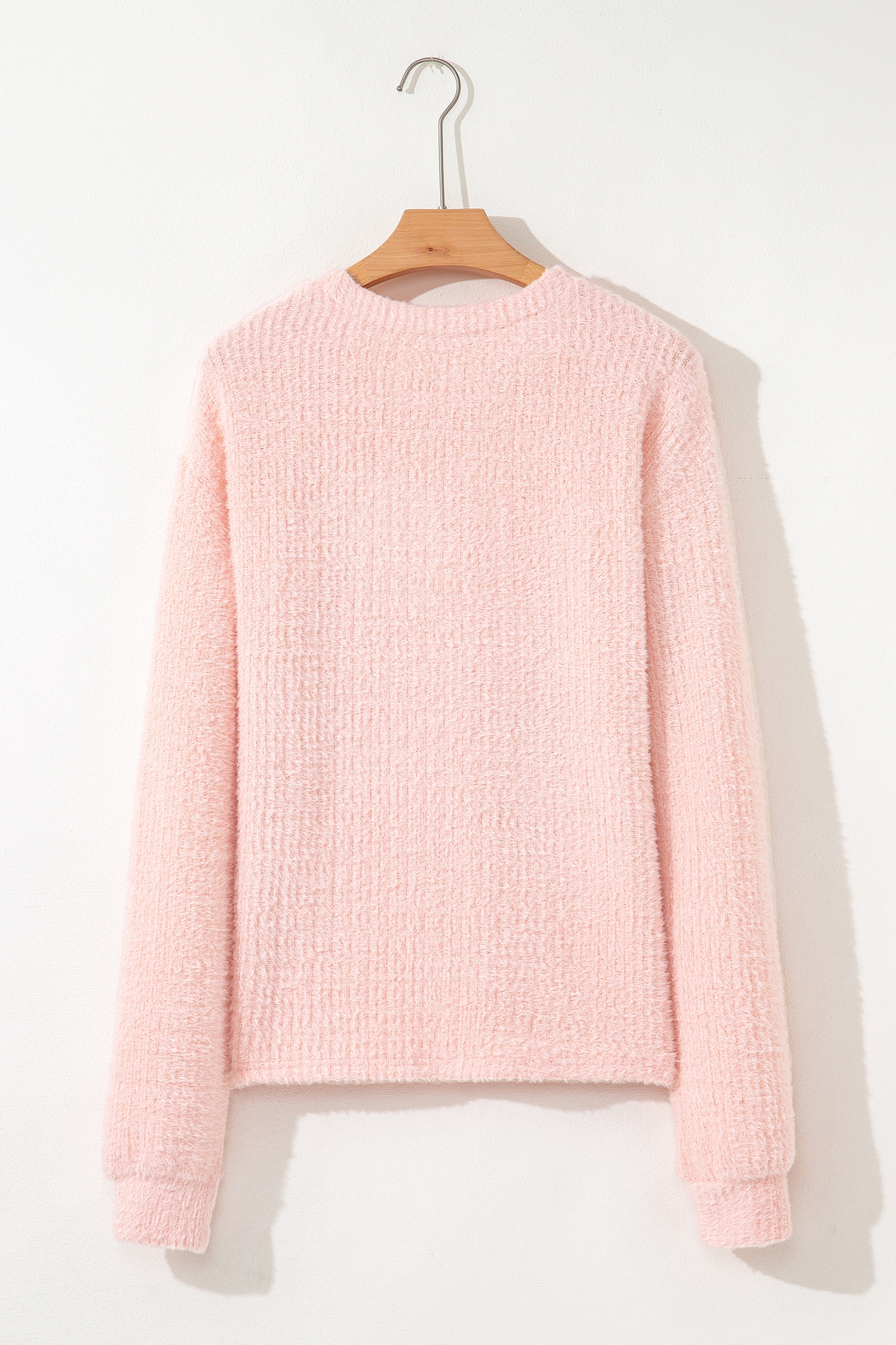 Light Pink Fuzzy Ribbed Texture Round Neck Long Sleeve Top - loveforevers