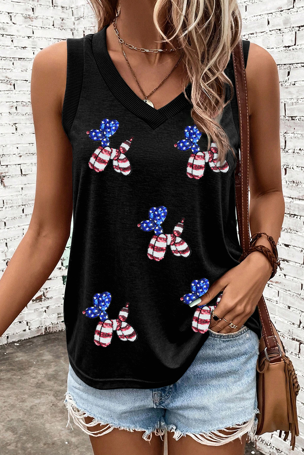 Black Flag Pattern Sequined Balloon Dog Graphic Loose Tank Top - loveforevers