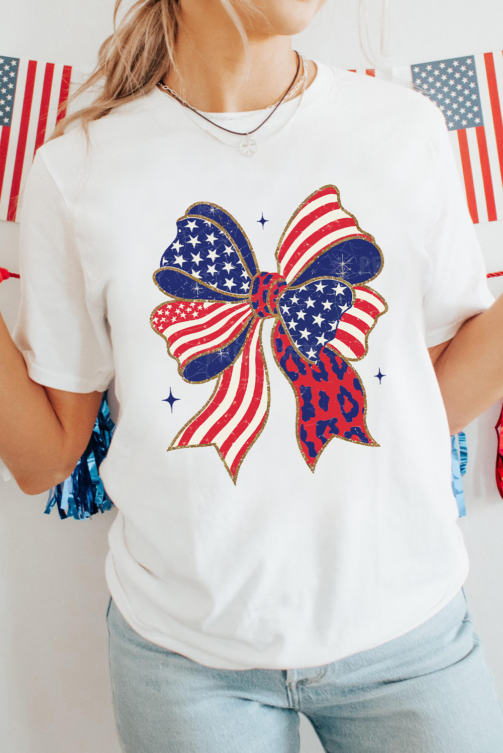 White Stars and Stripes Bow Print 4th of July T Shirt - loveforevers