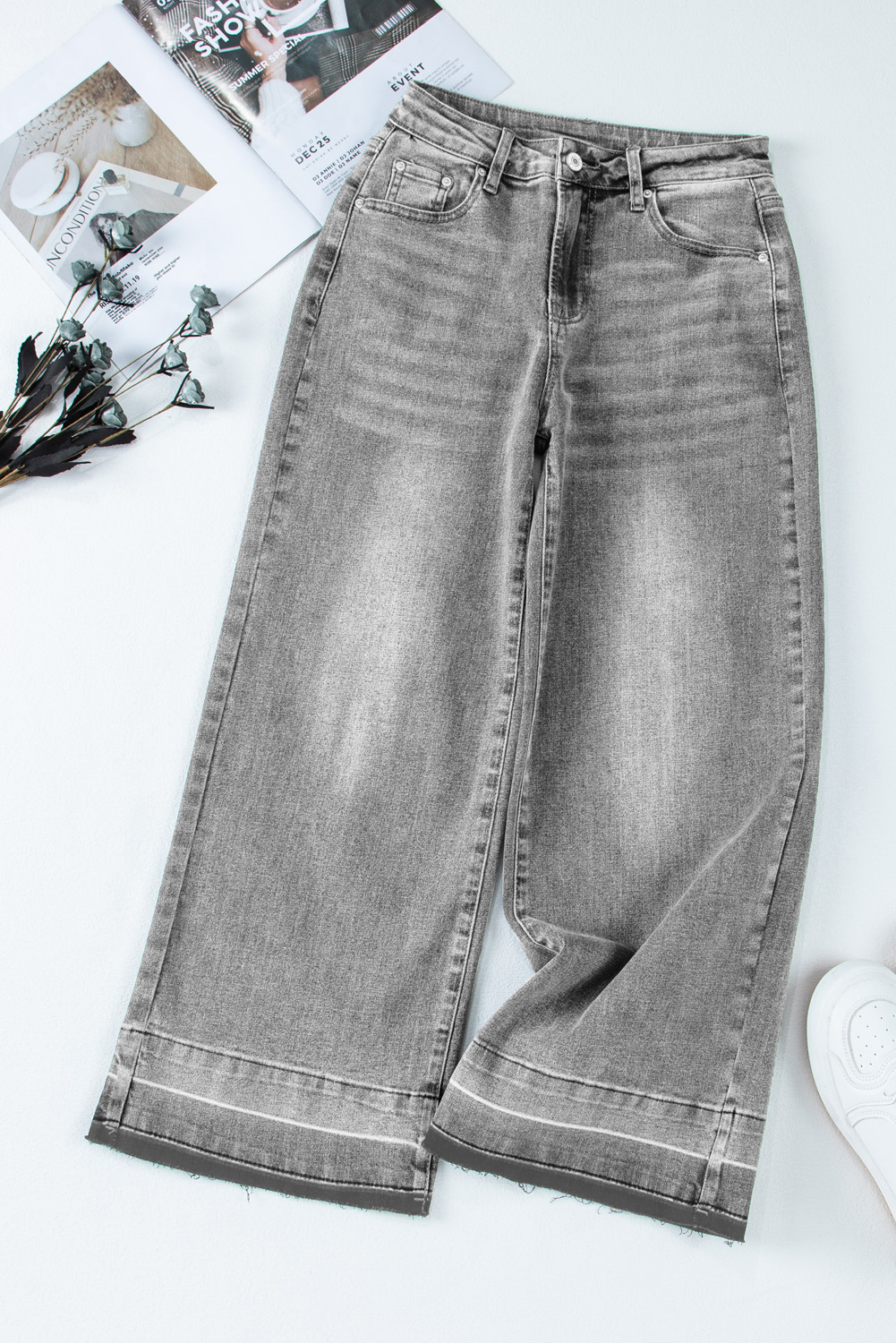 Gray Raw Hem Straight Leg Loose High Waist Jeans - loveforevers