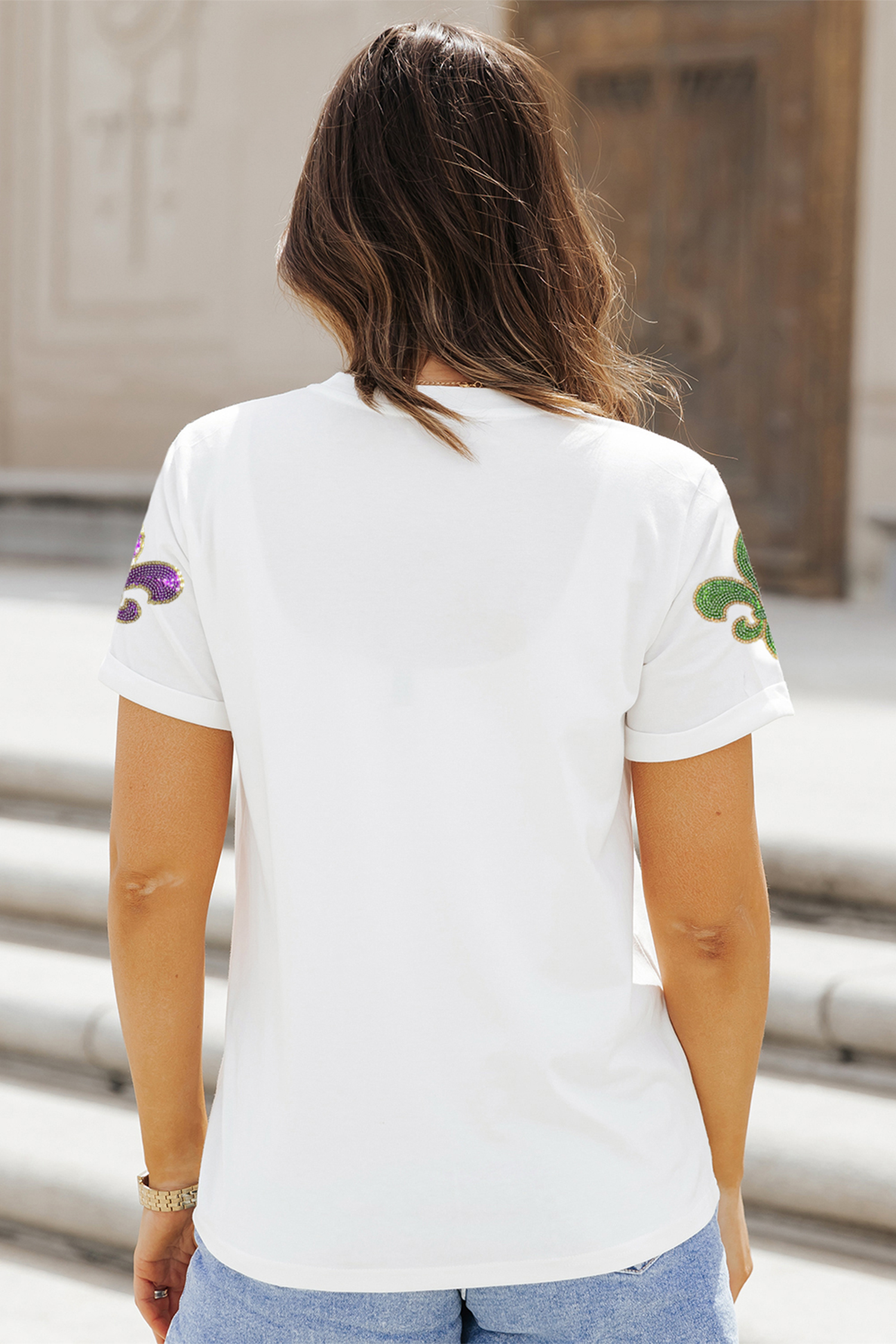 White Mardi Gras Fleur De Lis Sequin Graphic T Shirt - loveforevers