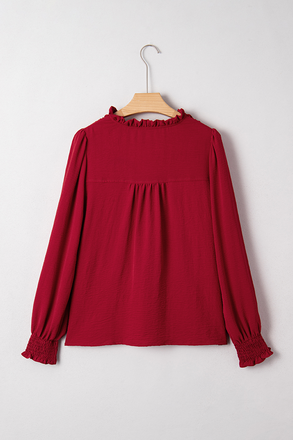 Burgundy Notched Neck Shirred Cuff Long Sleeve Blouse - loveforevers