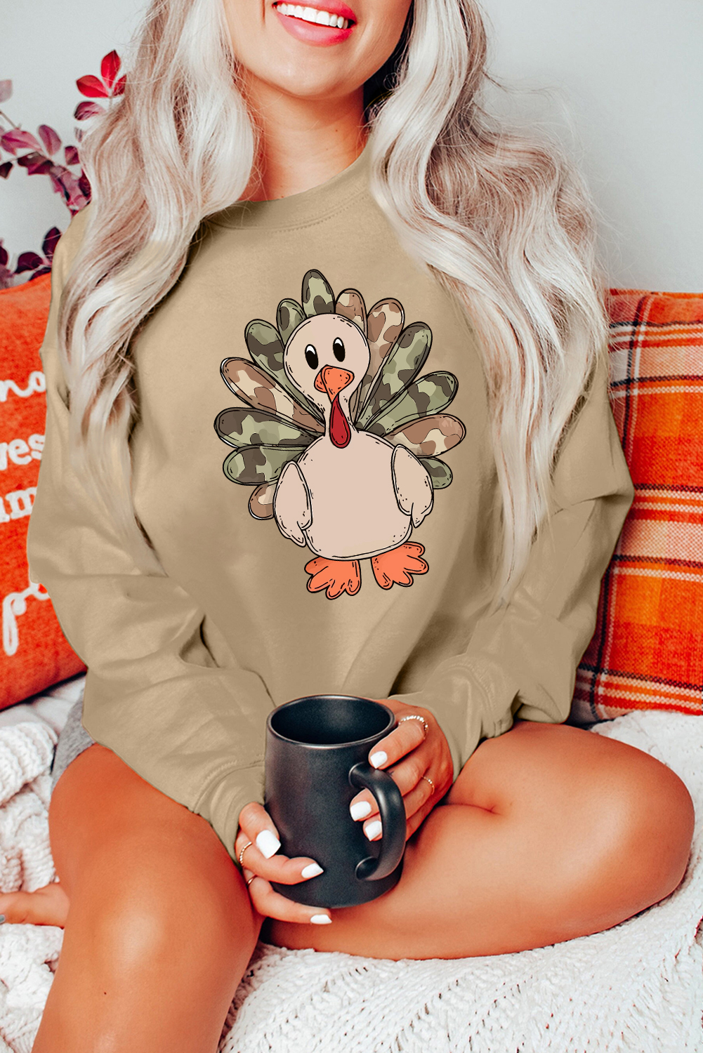 Khaki Camouflage Turkey Print Thanksgiving Fashion Graphic Sweatshirt - loveforevers