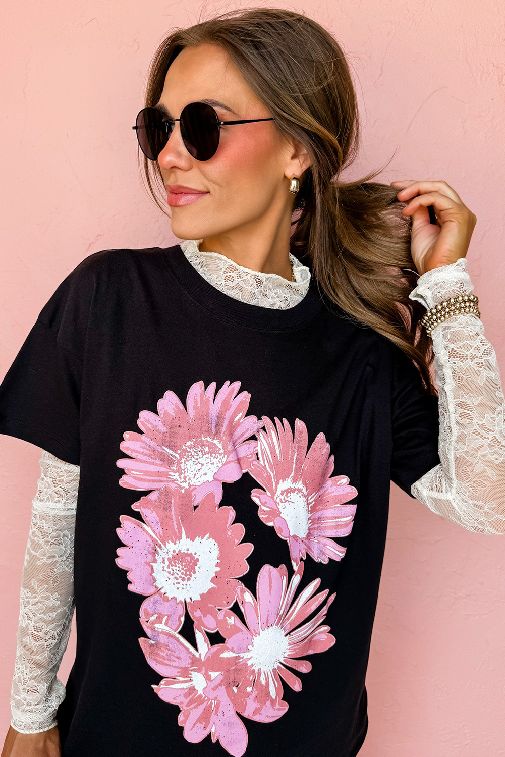 Black Pink Daisy Flower Printed Cotton Blend T Shirt - loveforevers