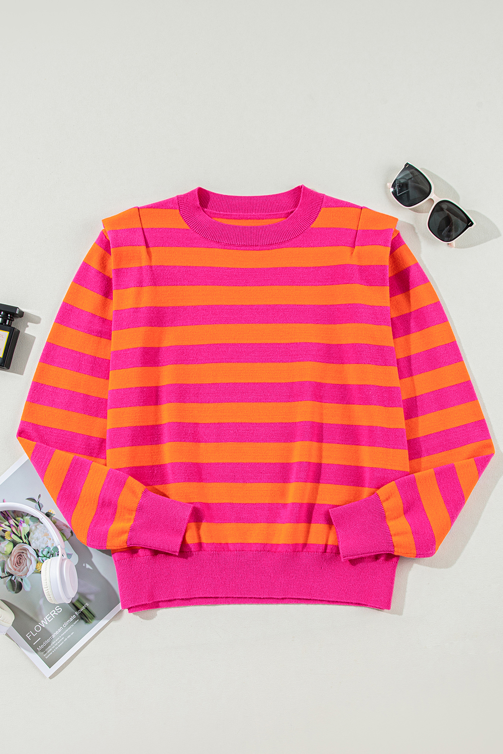 Rose Stripe Shoulder Pad Round Neck Sweater - loveforevers