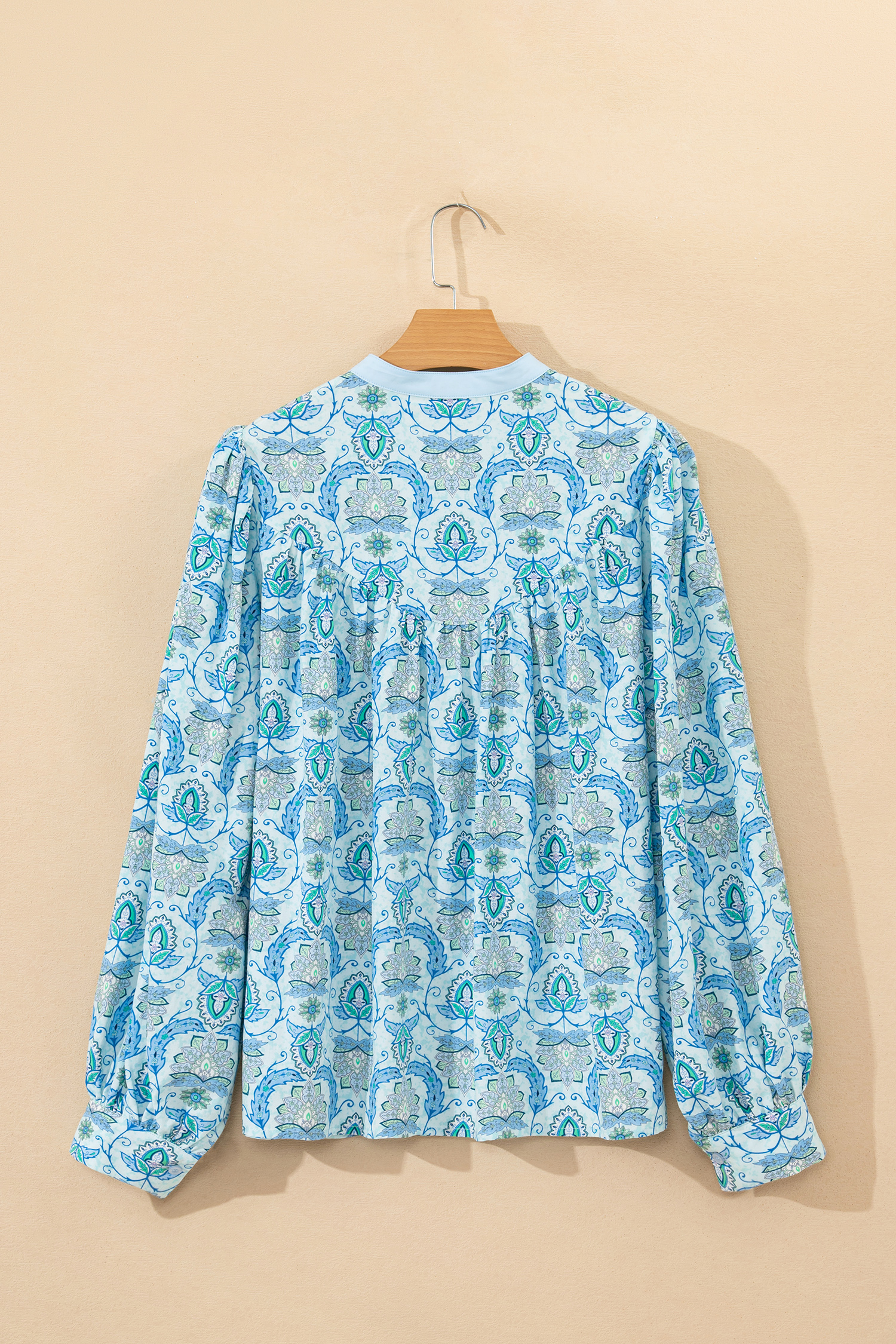 Sky Blue Paisley Print Puff Sleeve Loose Shirt - loveforevers