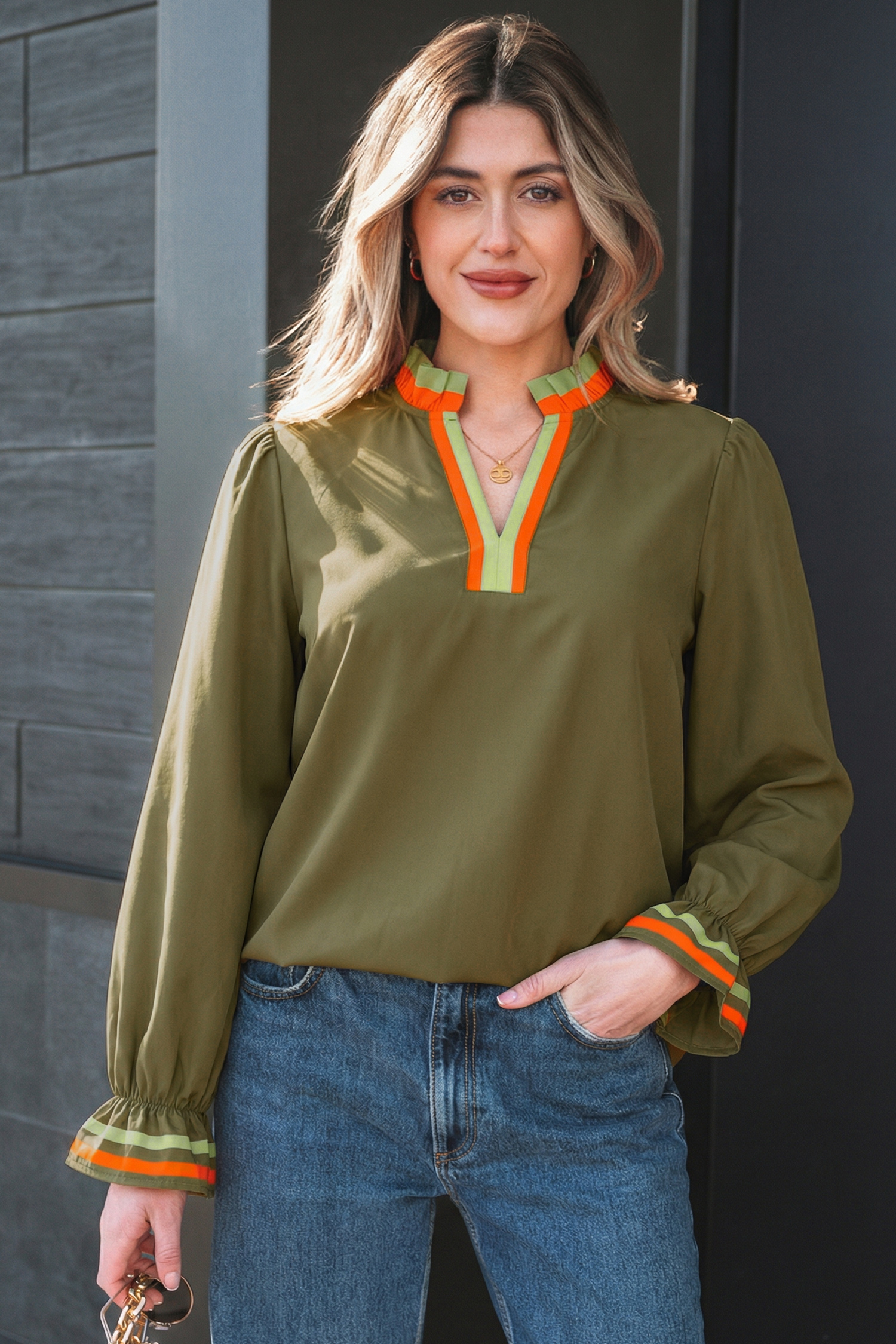 Four Leaf Clover Striped Trim Ruffle Split Neck Long Sleeve Blouse - loveforevers