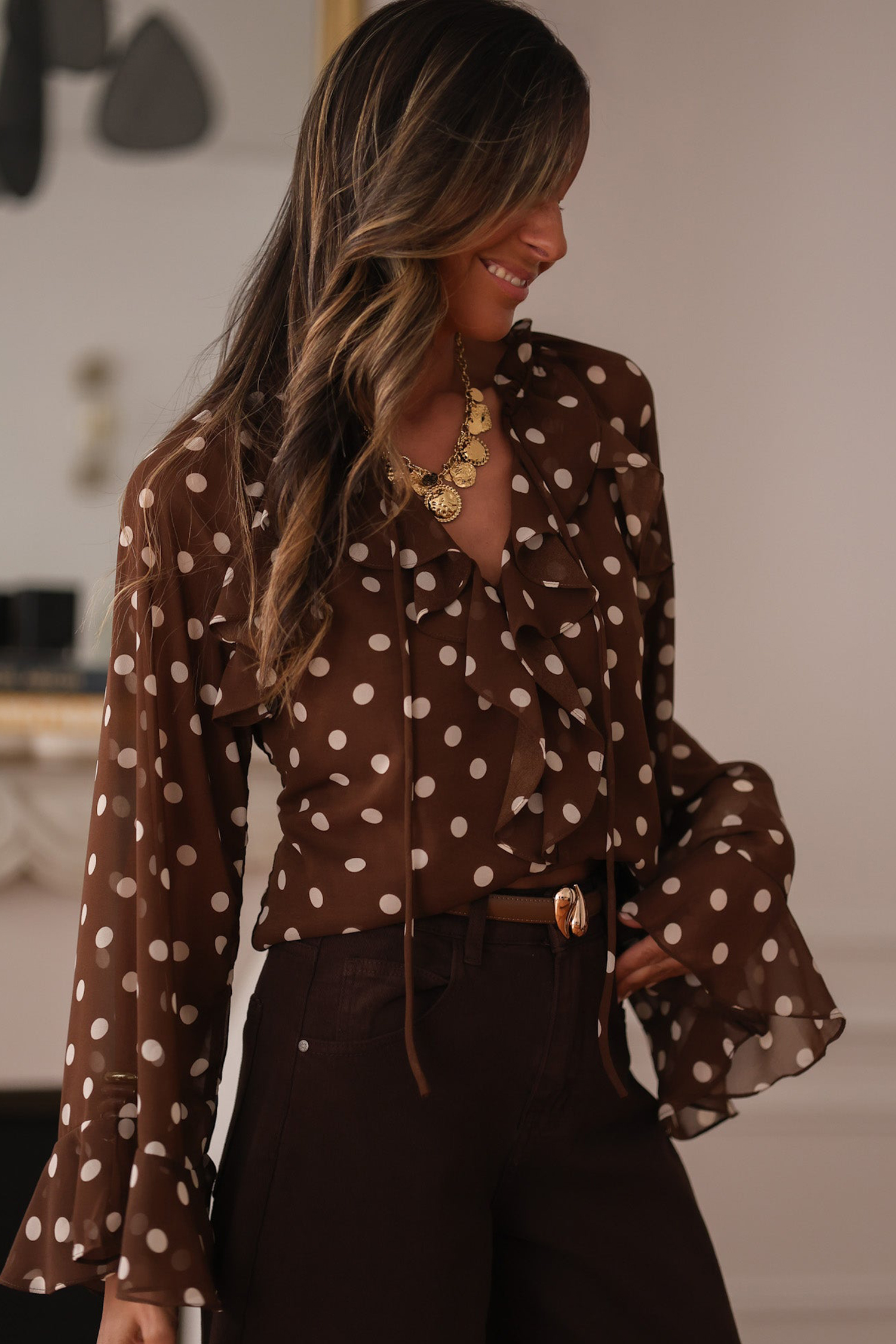 Coffee Polka Dot Print Ruffle Trim V Neck Long Bell Sleeve Blouse - loveforevers