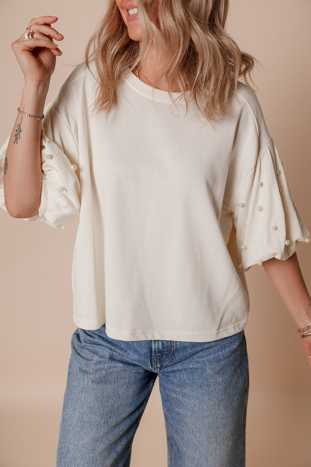 White Pearled Puff Sleeve Round Neck Loose Top - loveforevers