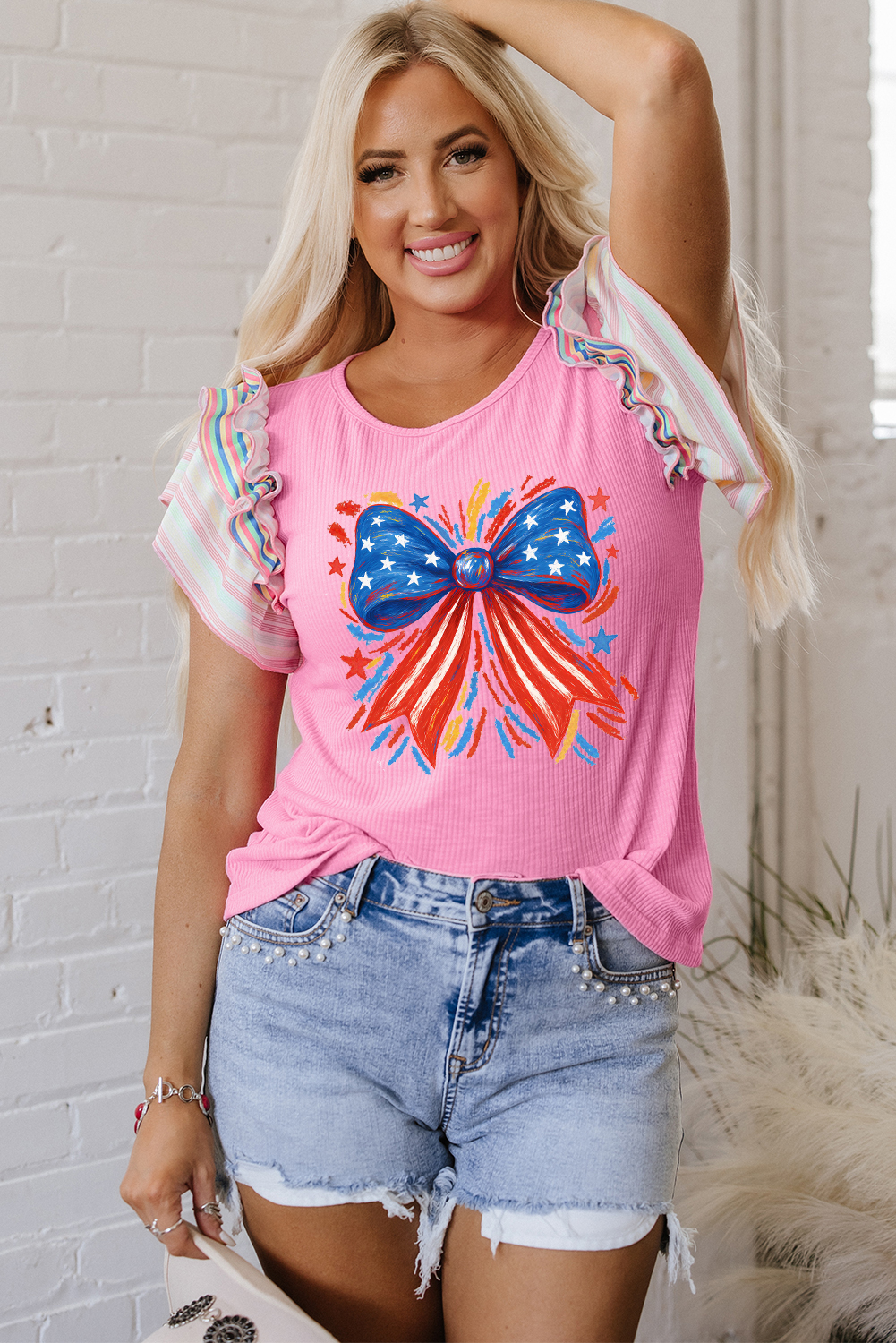 Bonbon Striped Ruffle Flutter Sleeve Ribbed Blouse - loveforevers