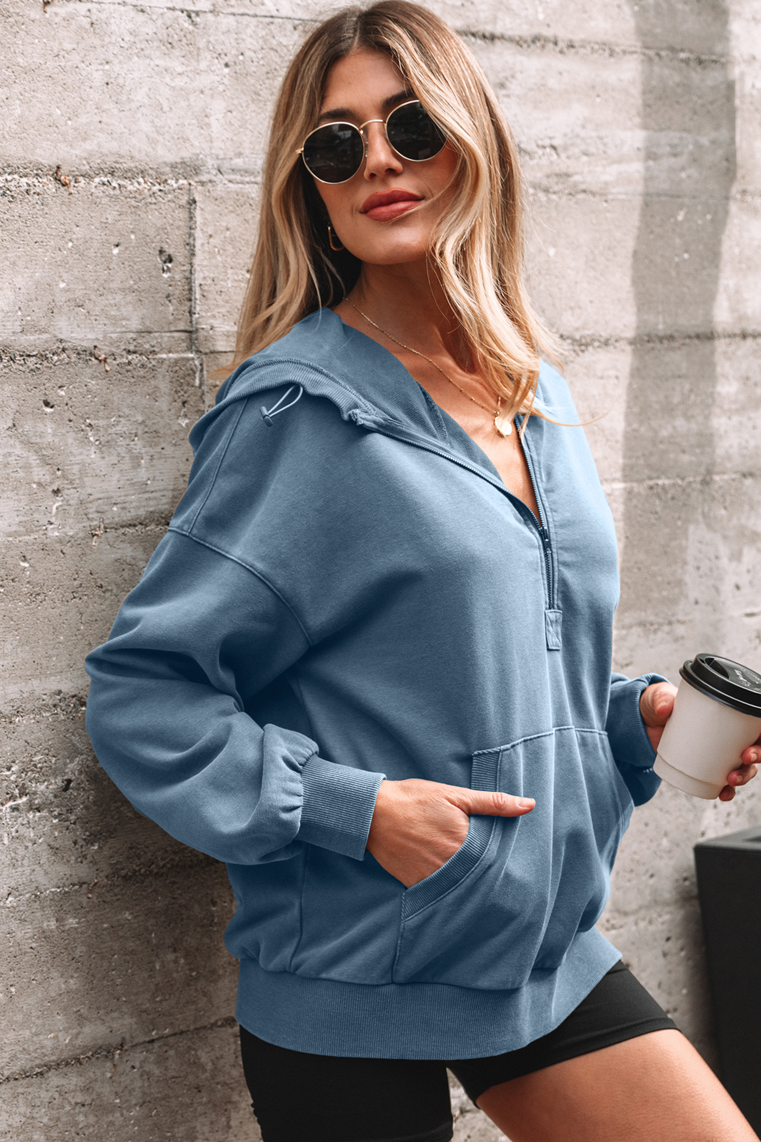 Canton Half Zip Kangaroo Pocket Mineral Wash Baggy Hoodie - loveforevers