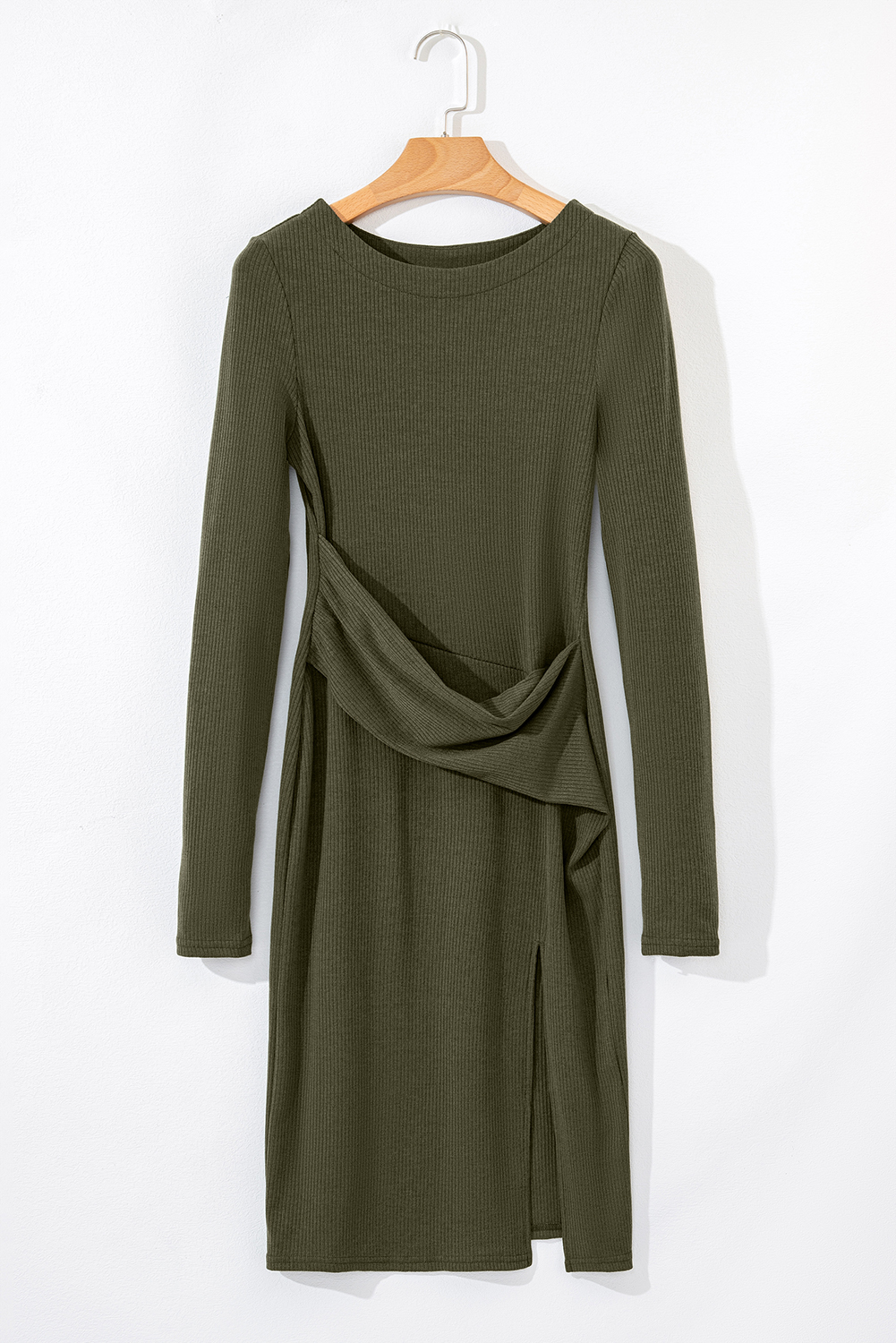 Jungle Green Ribbed Side Slit Ruched Slim Fit Long Sleeve Mini Dress - loveforevers