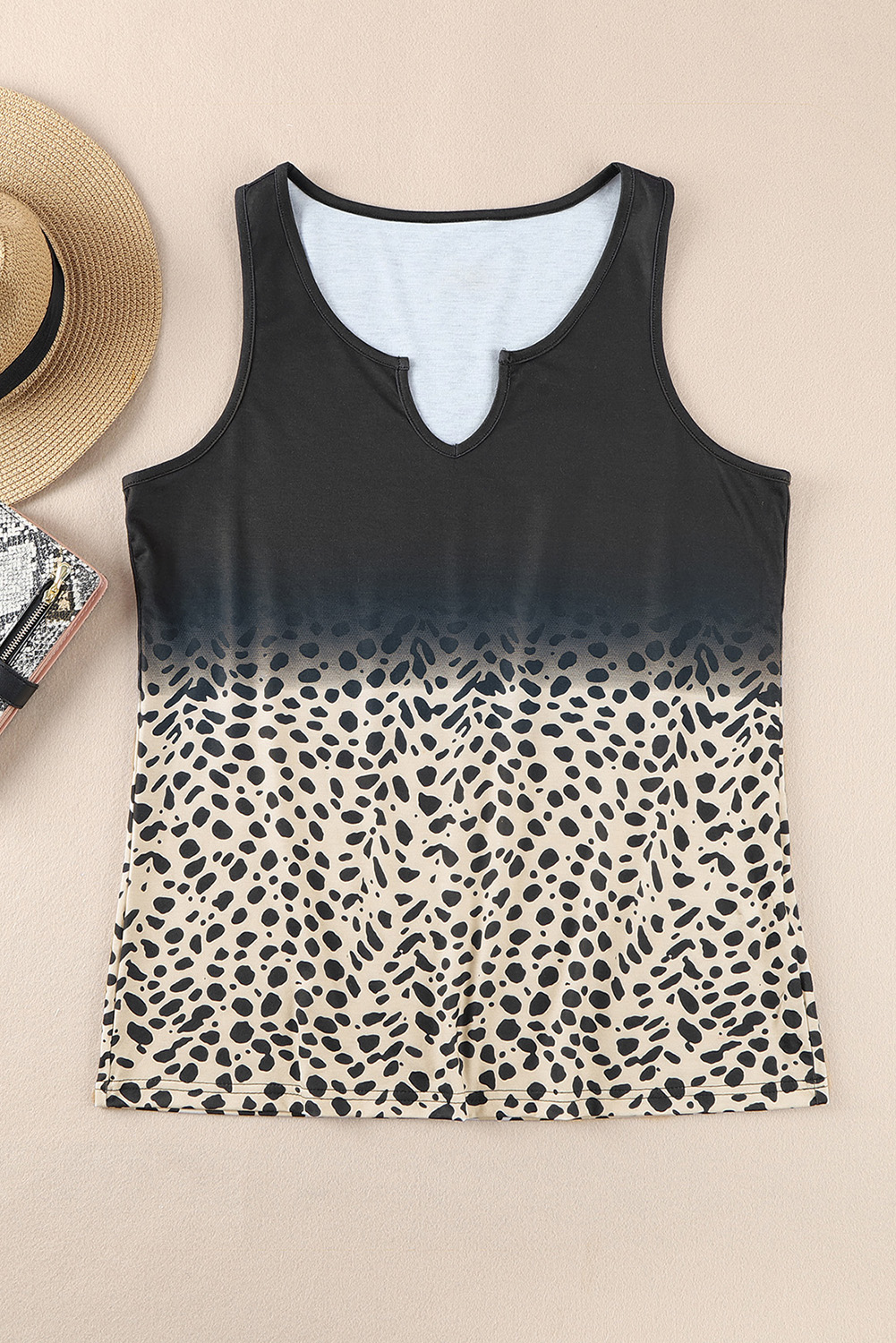 Black Gradient Leopard Split Neck Tank Top - loveforevers