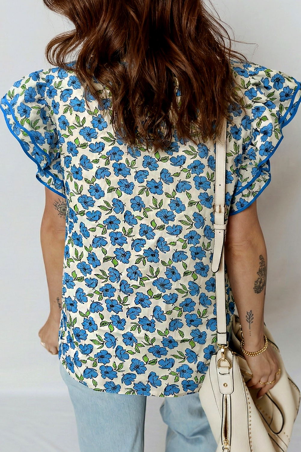 Sky Blue Tiered Flutter Sleeve Pleated Flower Blouse - loveforevers