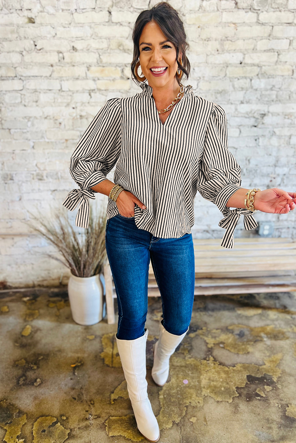 Black Stripe Knotted Cuff Long Sleeve V Neck Blouse - loveforevers