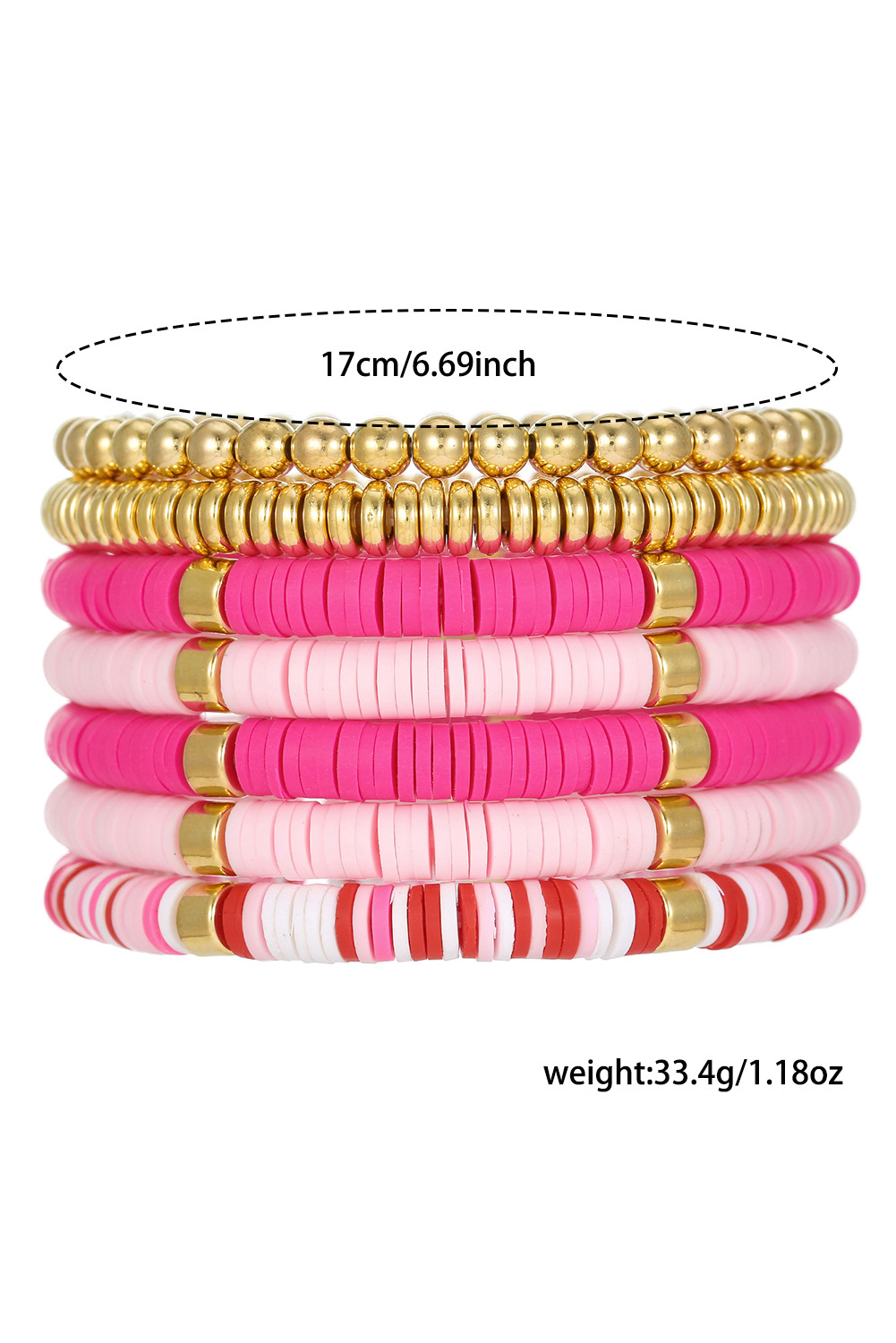 Bright Pink 7pcs Gold Plated Clay Beading Multi Layered Bracelet Set - loveforevers