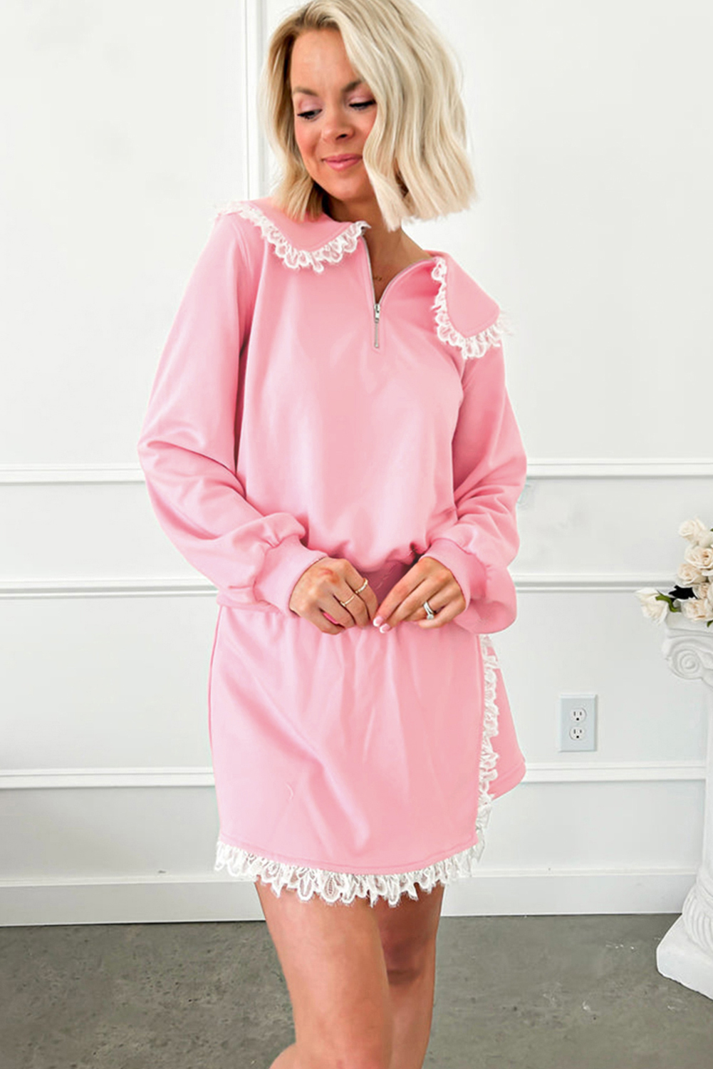 Pink Peter Pan Lace Embellished Neck Collision Sweatshirt and Skirt Two Piece Set - loveforevers