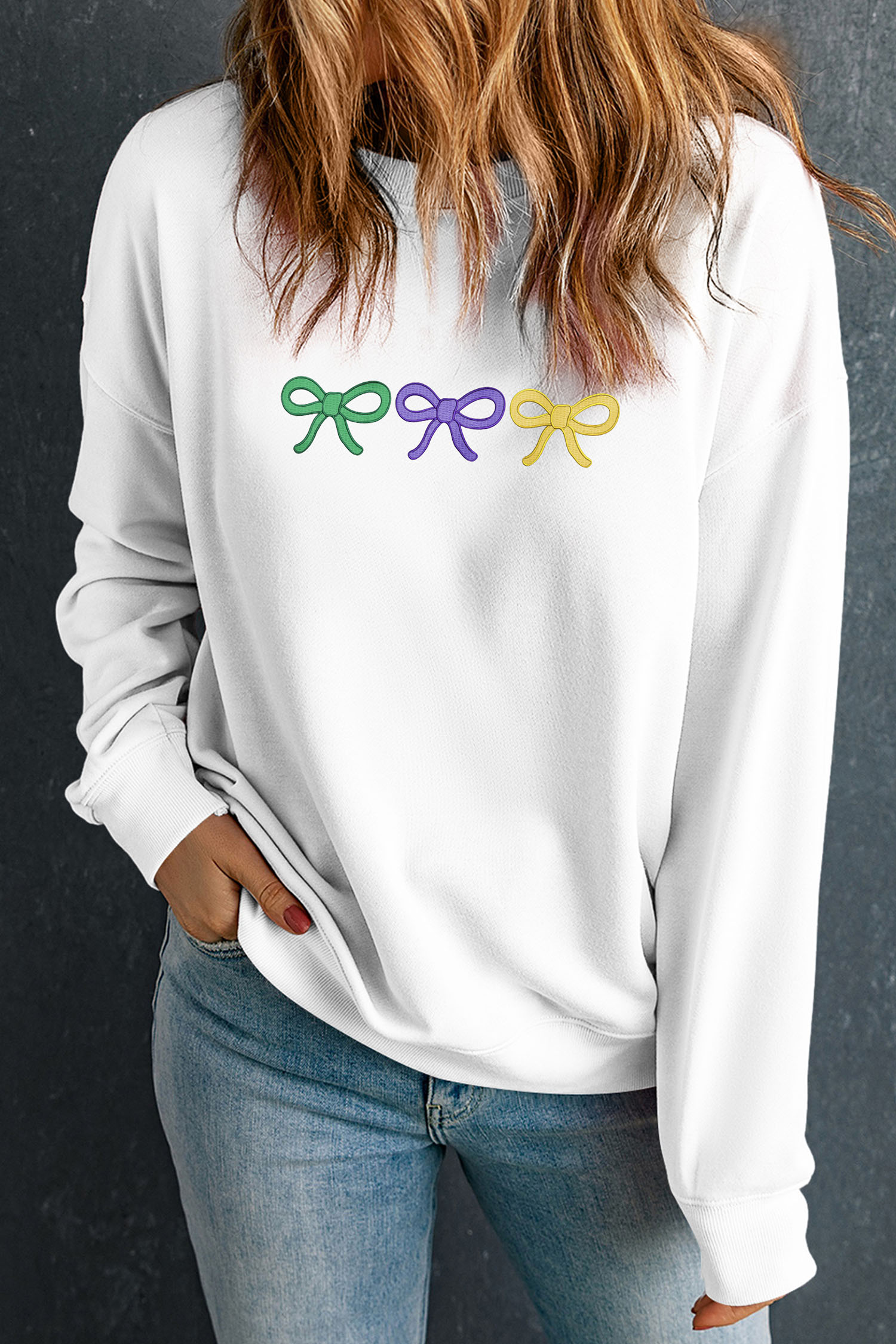 White Mardi Gras Embroidered Bow Pullover Sweatshirt - loveforevers