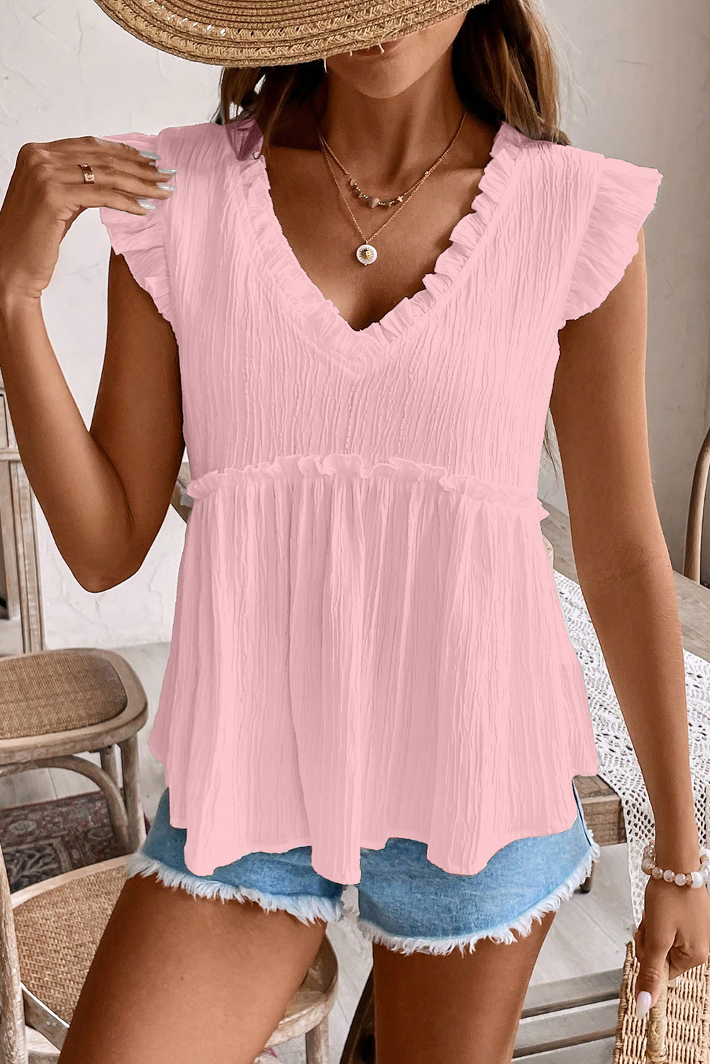 Light Pink Textured Ruffled Trim V Neck Flutter Flowy Top - loveforevers