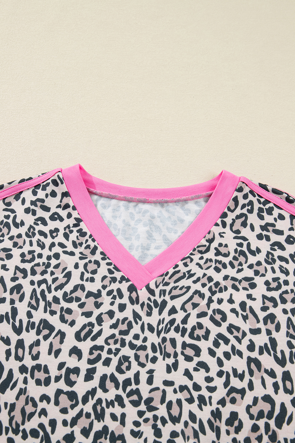 Khaki Leopard Print Contrast V Neck Varsity Stripe Detail Long Sleeve Top - loveforevers