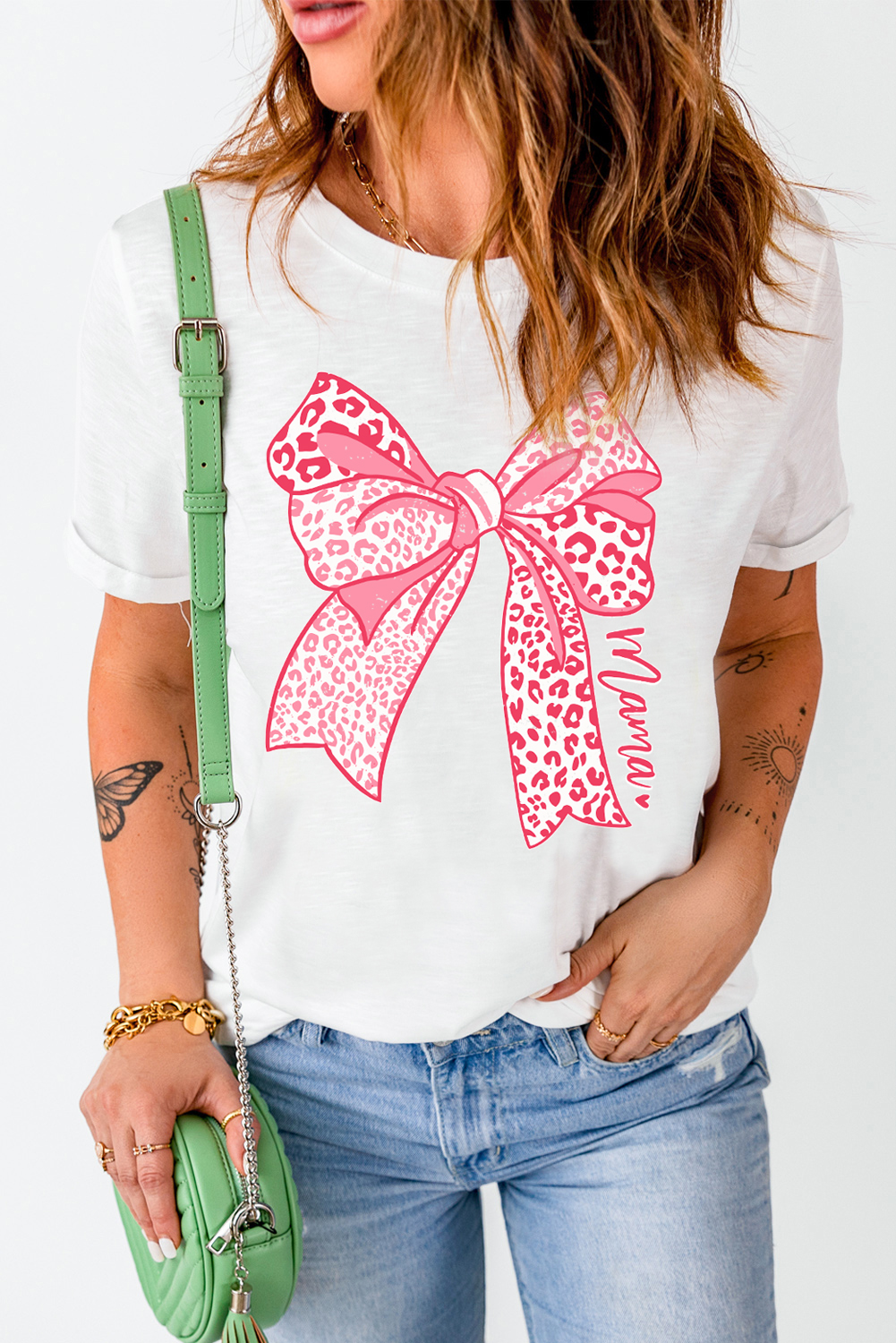 White Leopard Bow Graphic Mothers Day Fashion T Shirt - loveforevers