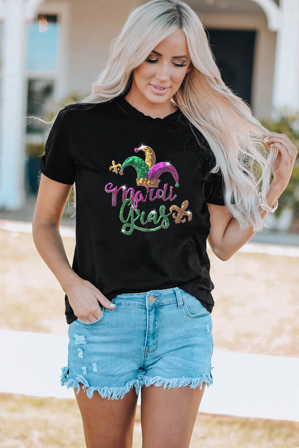 White Mardi Gras Sequin Graphic T-shirt - loveforevers