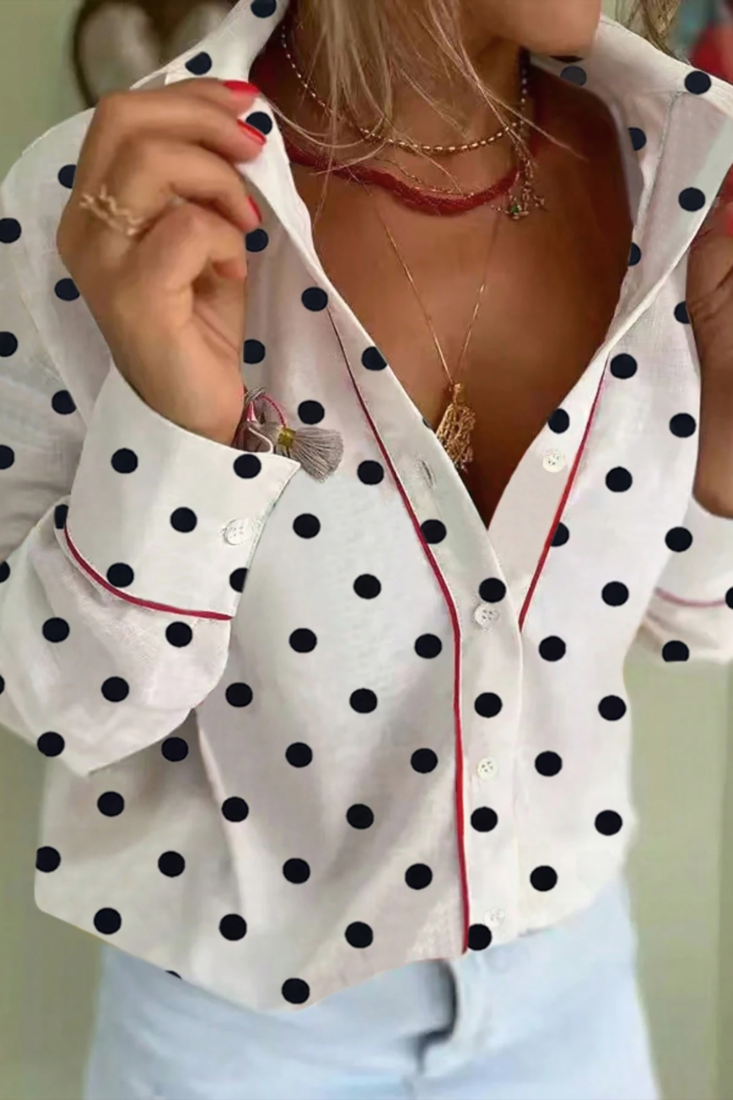 White Polka Dot Print Contrast Piping Elegant Shirt - loveforevers