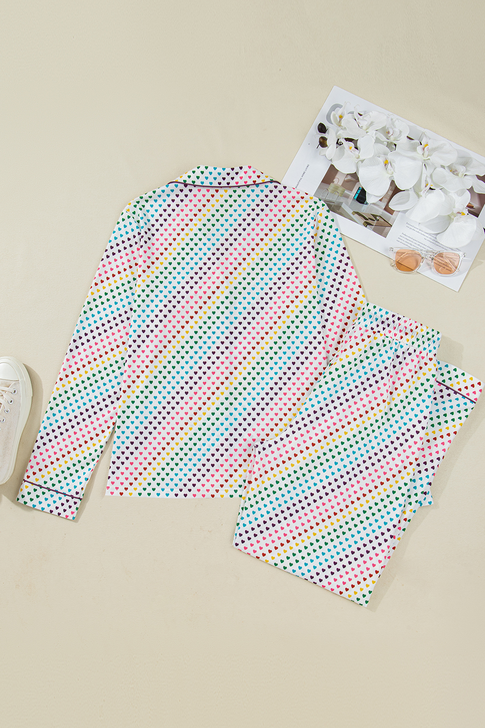 White Pride Heart Print Valentines Long 2pcs Pajama Set - loveforevers