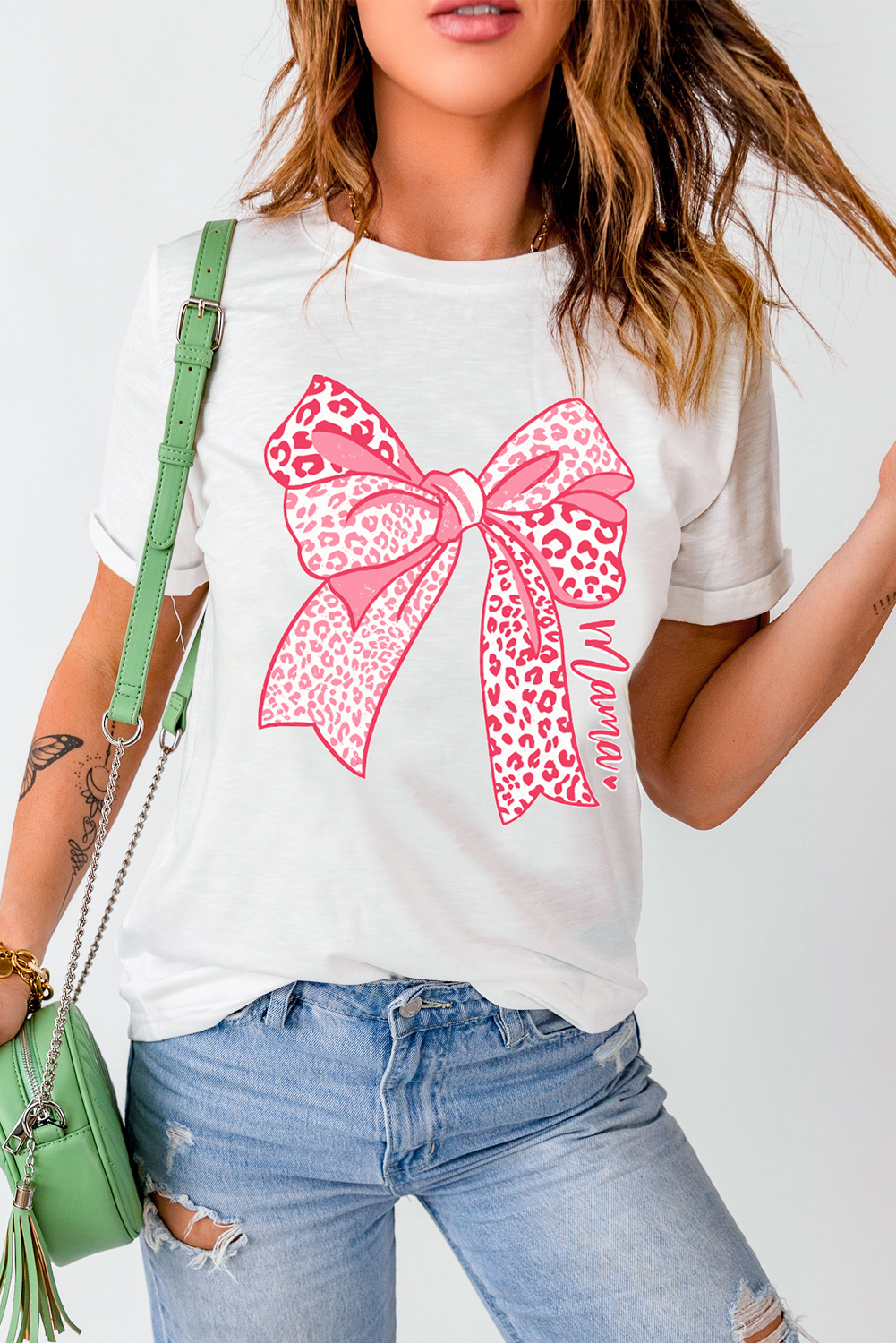 White Leopard Bow Graphic Mothers Day Fashion T Shirt - loveforevers